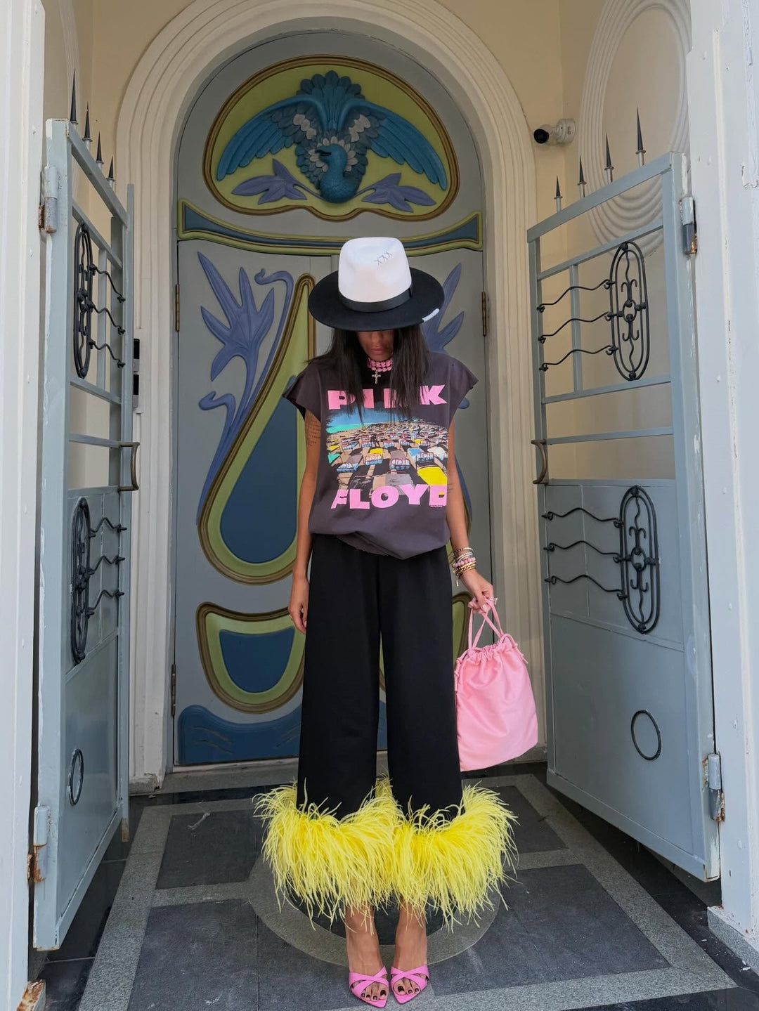 Vibrant Yellow Feather-Trimmed Wide-Leg Pants
