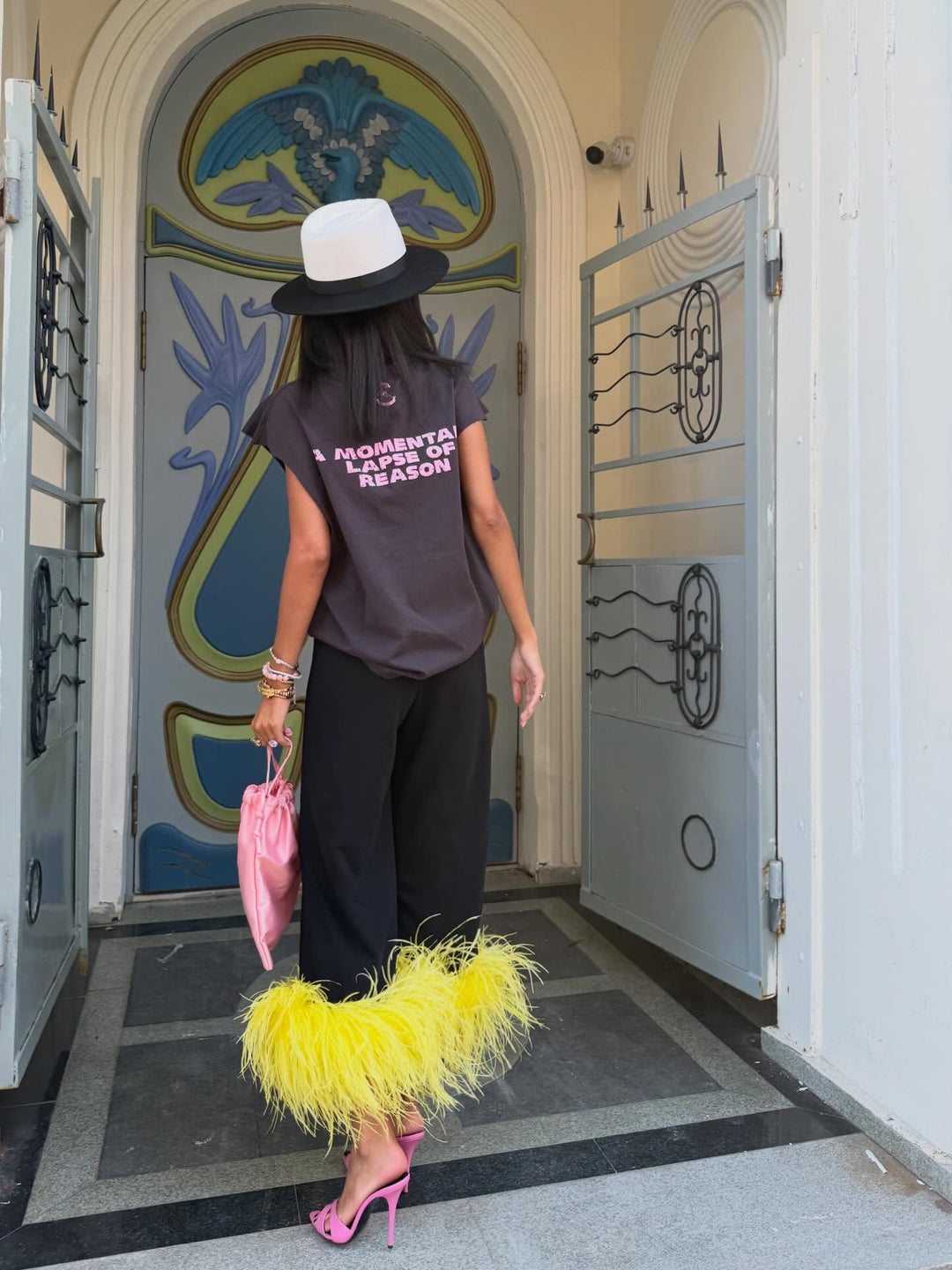Vibrant Yellow Feather-Trimmed Wide-Leg Pants