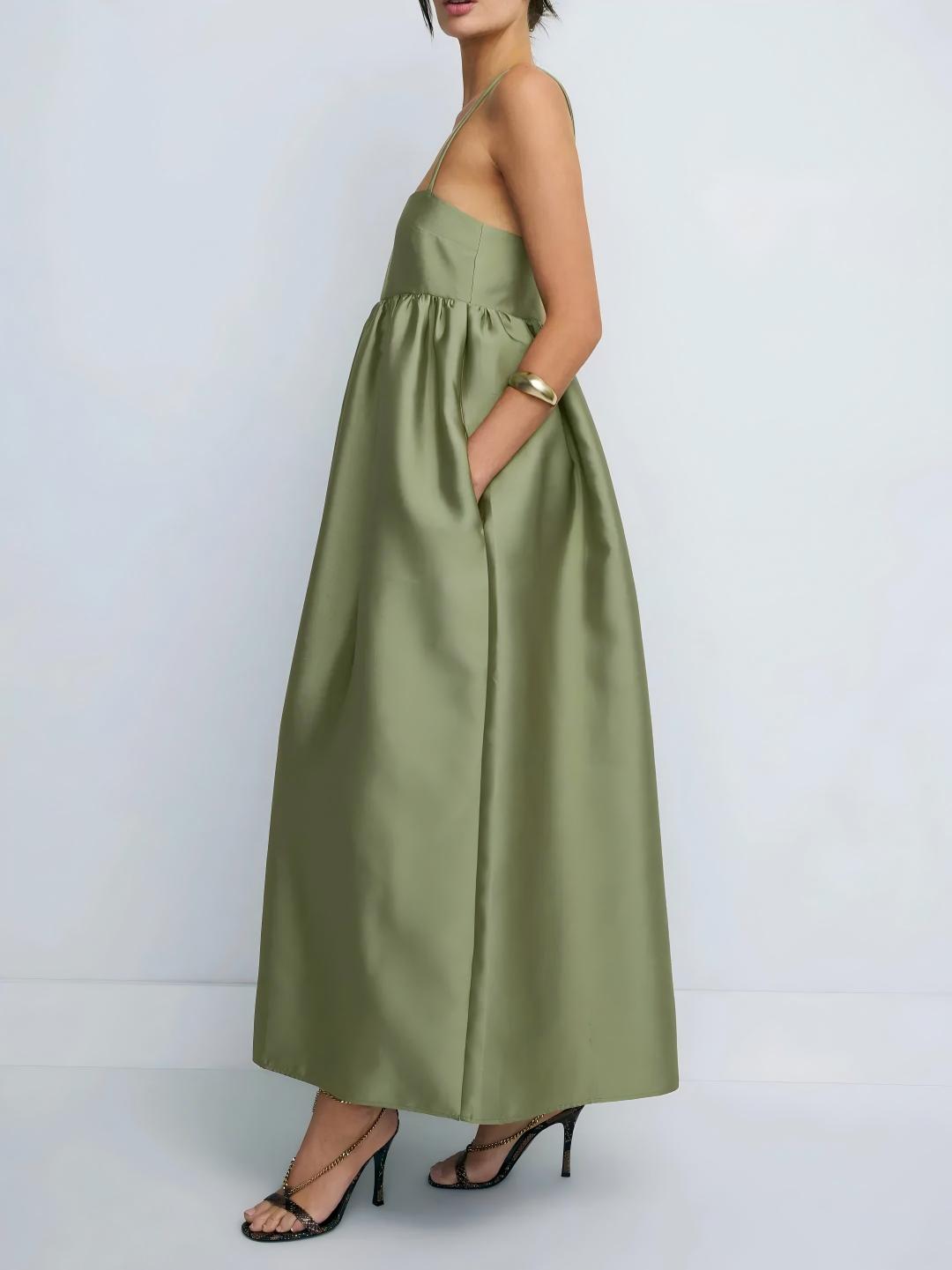 Elegant Olive Green Satin Spaghetti Strap Maxi Dress