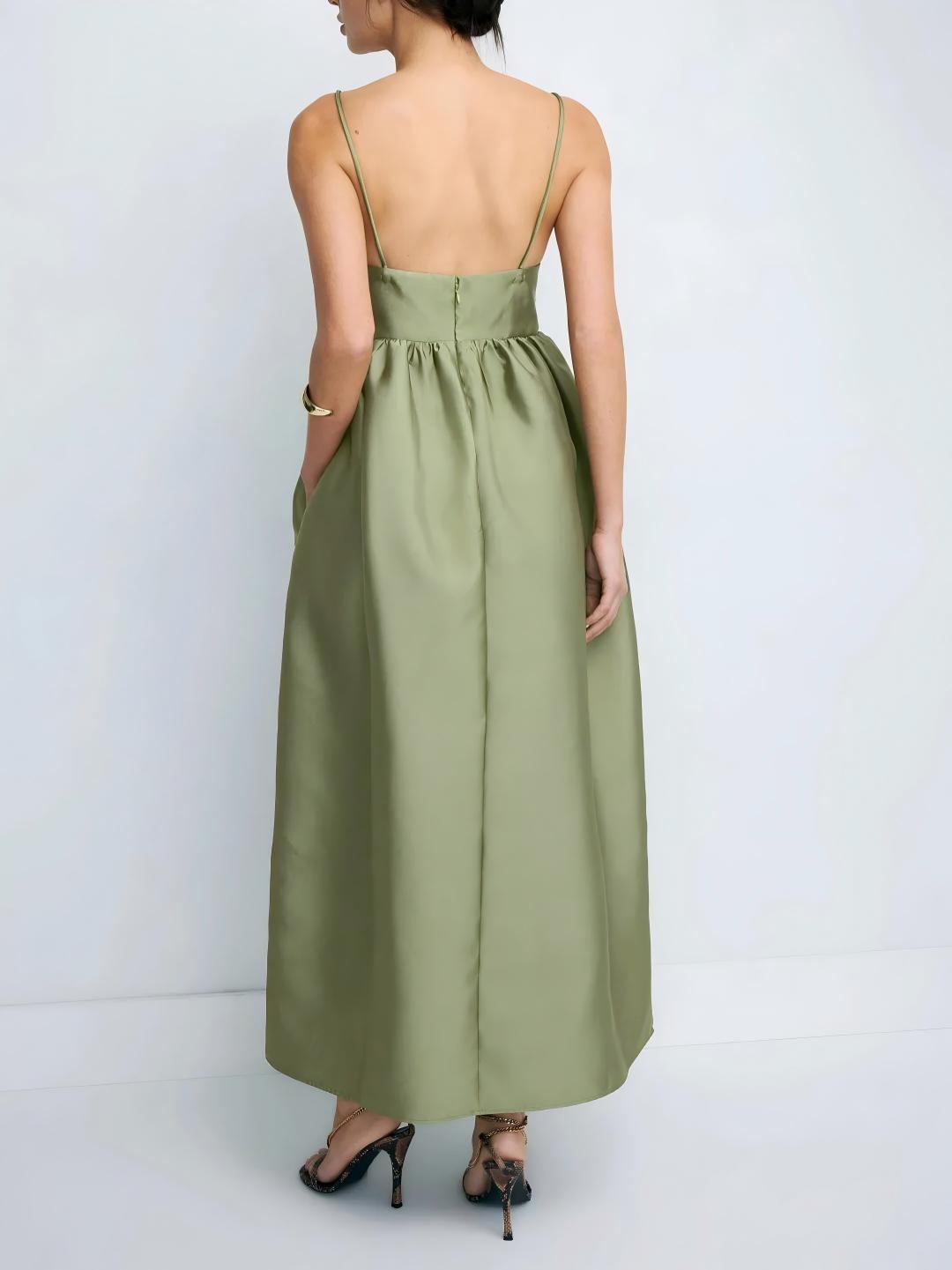 Elegant Olive Green Satin Spaghetti Strap Maxi Dress