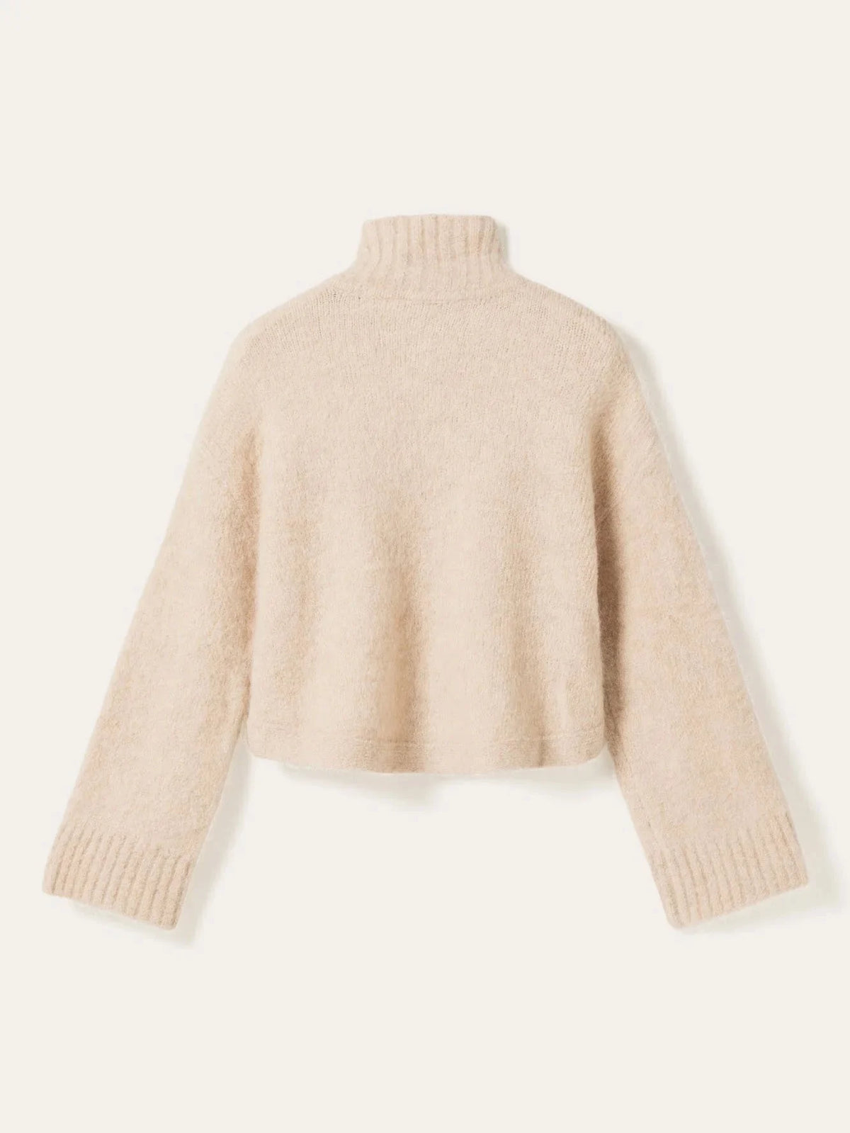 Women's High Neck Fuzzy Knit Cropped Cardigan Sweater with Covered Buttons
