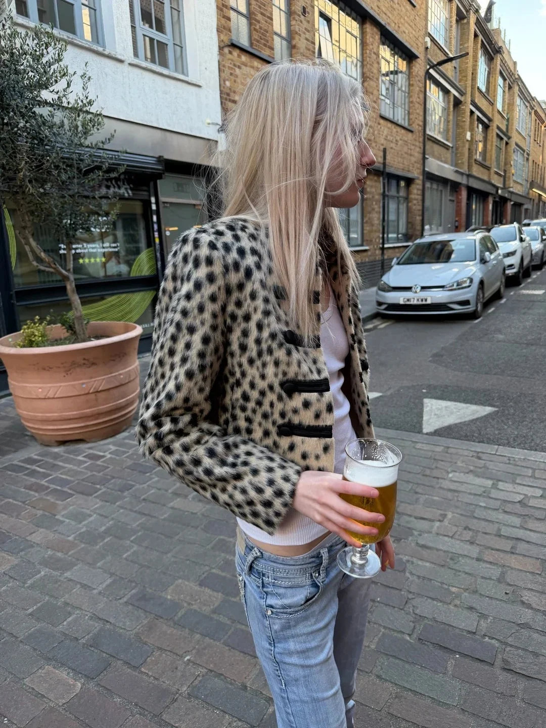 Leopard Print Cropped Jacket with Military Frog Fasteners and Long Sleeves