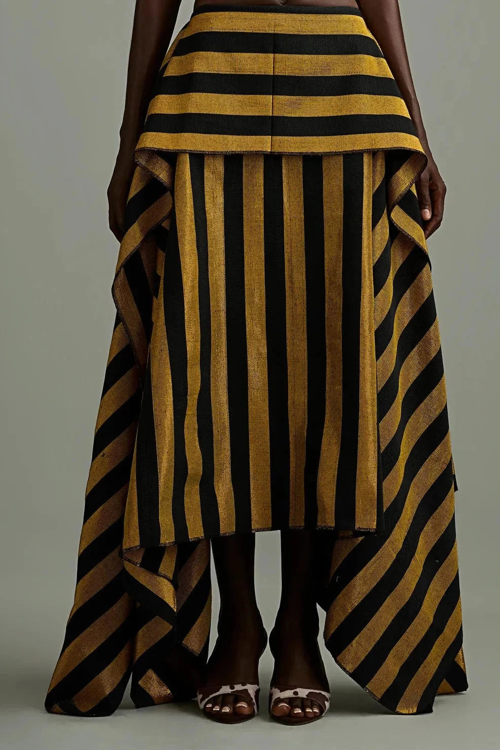 Striped Halter Corset Top and Tiered High-Low Maxi Skirt Two-Piece Set