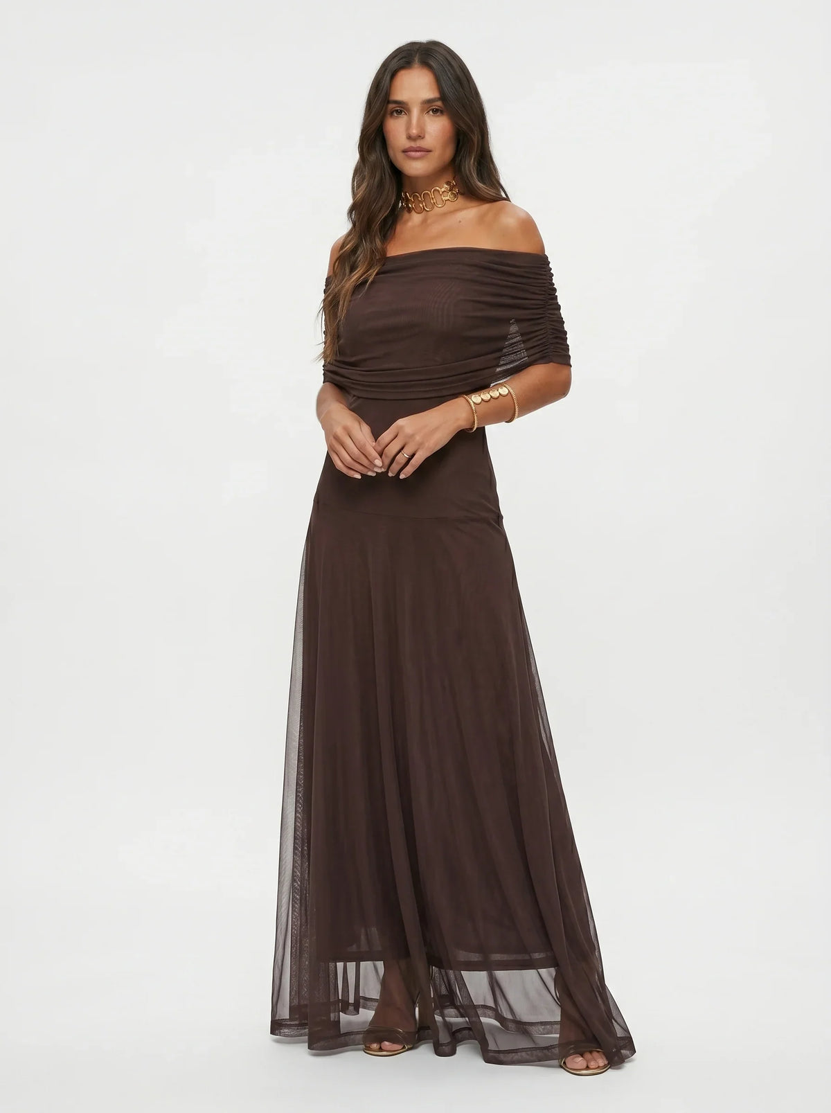Women's One Shoulder Draped Mesh Maxi Dress in Abstract Print