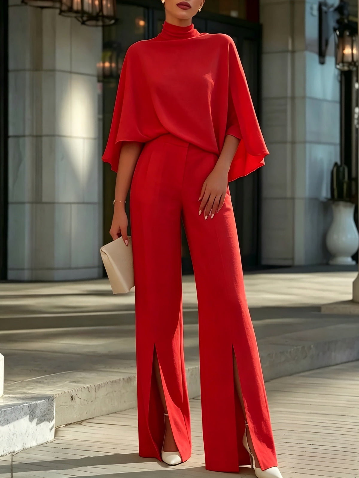 Elegant High Neck Batwing Sleeve Top & Front Slit Wide Leg Pants Set