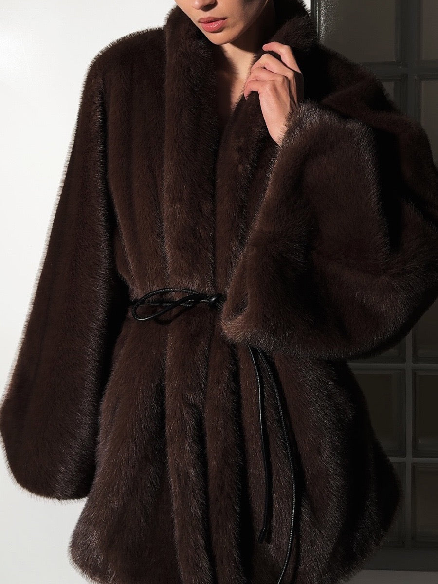 Faux Mink Fur Wrap Belted Coat