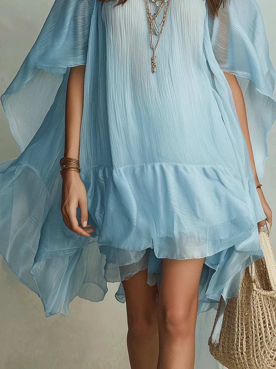 Sky Blue Pleated Chiffon Cape Sleeve Ruffle Mini Dress