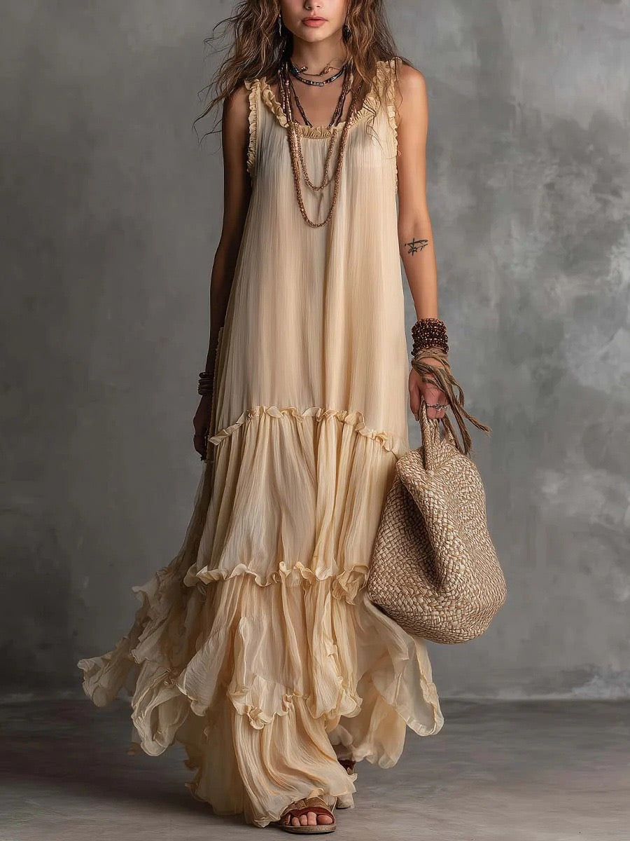 Bohemian Sleeveless Crewneck Backless Collar Layered Ruffled Chiffon Dress