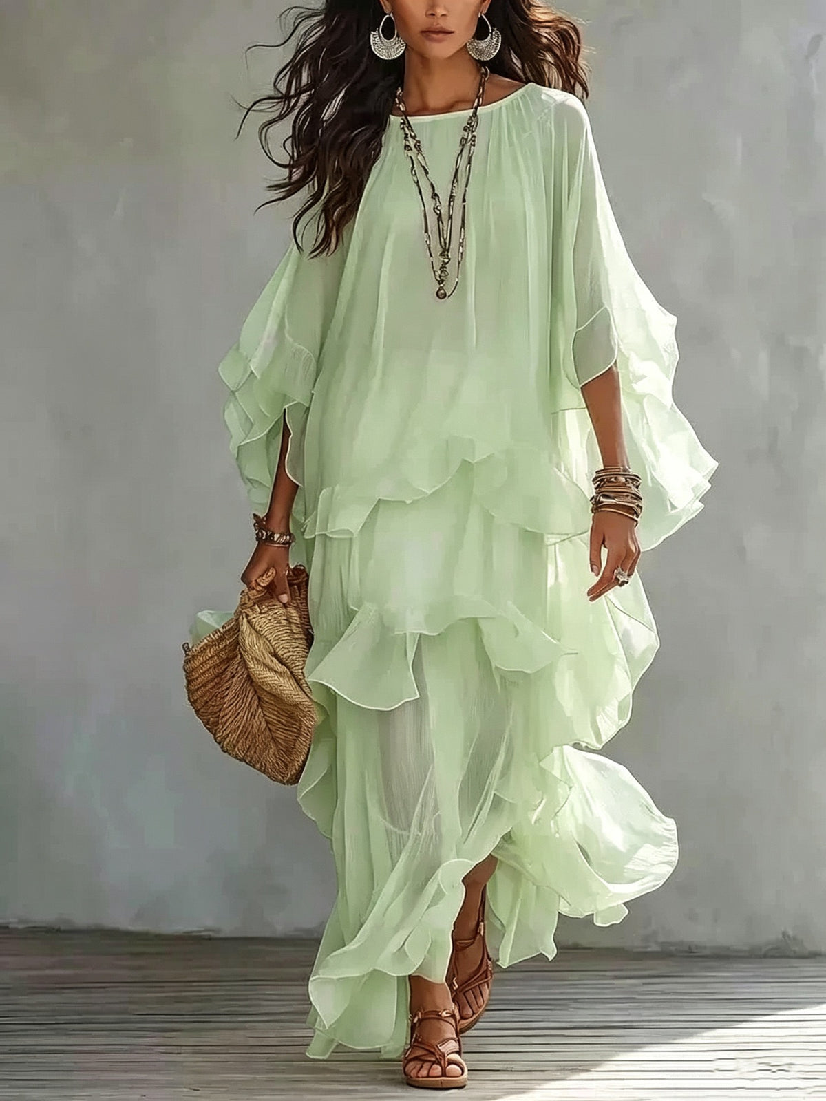 Boho Ruffled Tiered Maxi Dress With Batwing Sleeves