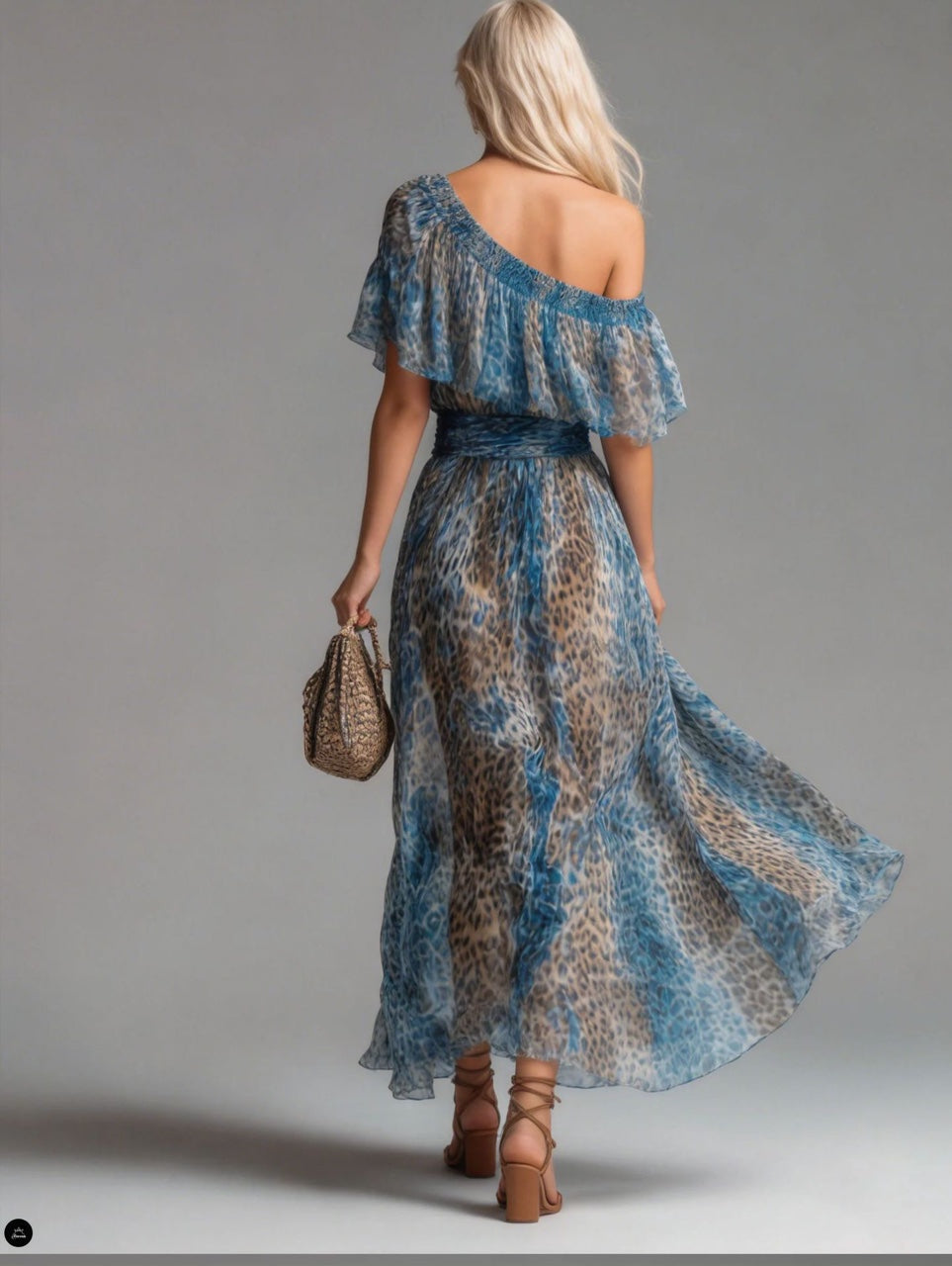 Blue Leopard Print One-Shoulder Chiffon Maxi Dress With Ruffle Overlay & Waist Tie – Boho Chic Summer Resort Gown