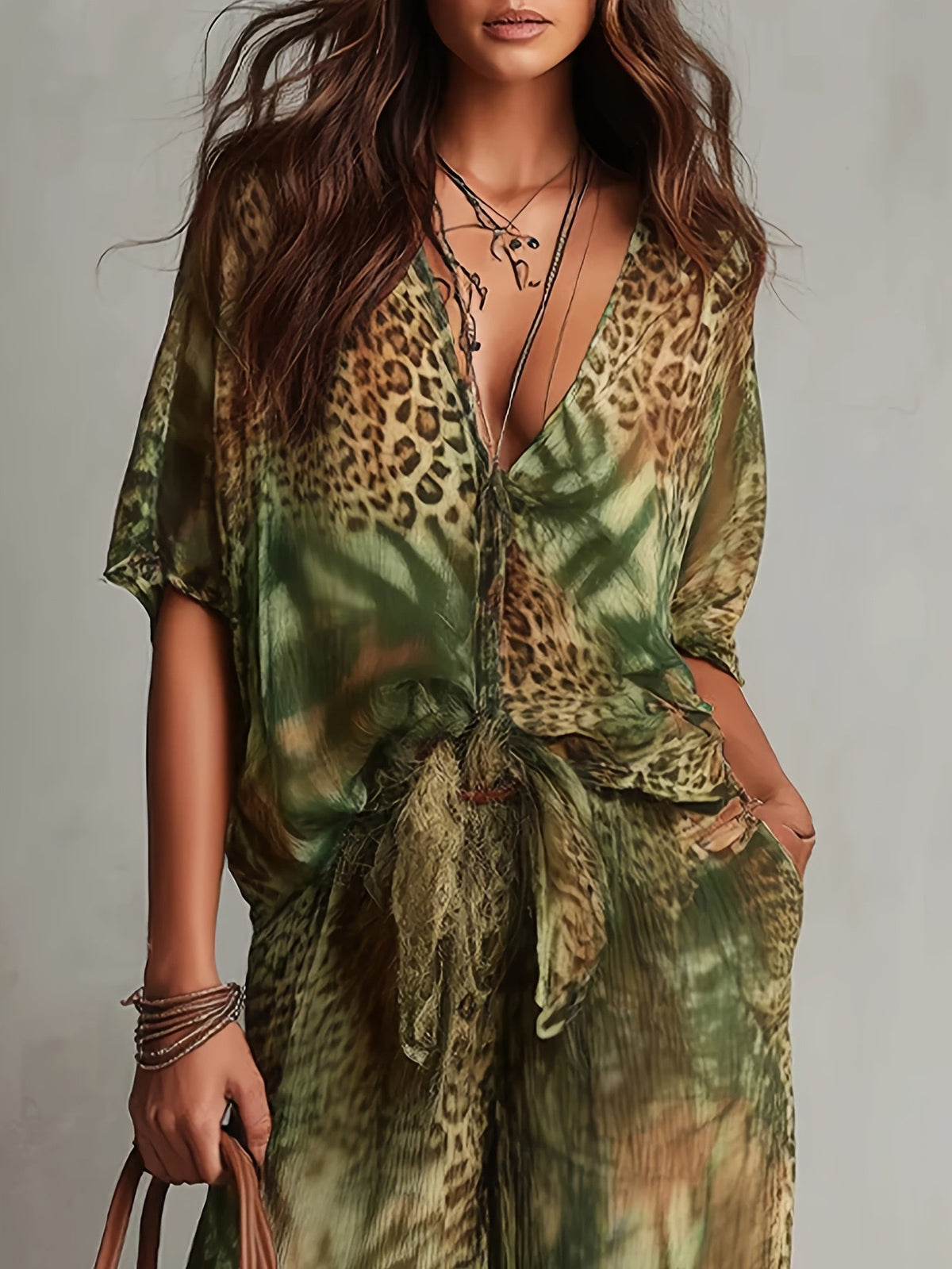 Bohemian Print V-Neck Top & Wide Leg Pants Two-Piece Set