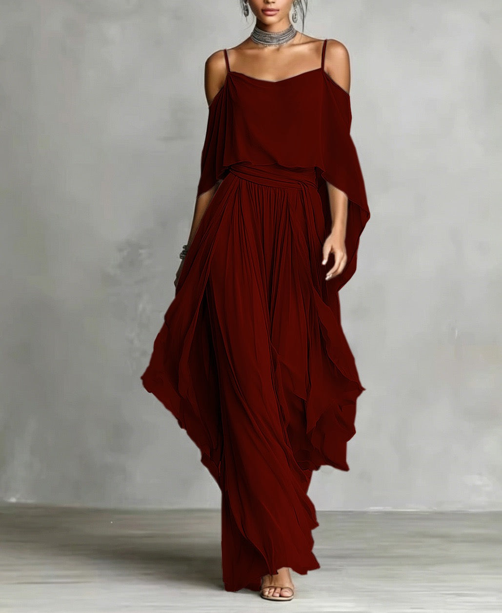 Elegant Off-Shoulder Chiffon Camisole & Wide-Leg Pants Two-Piece Set