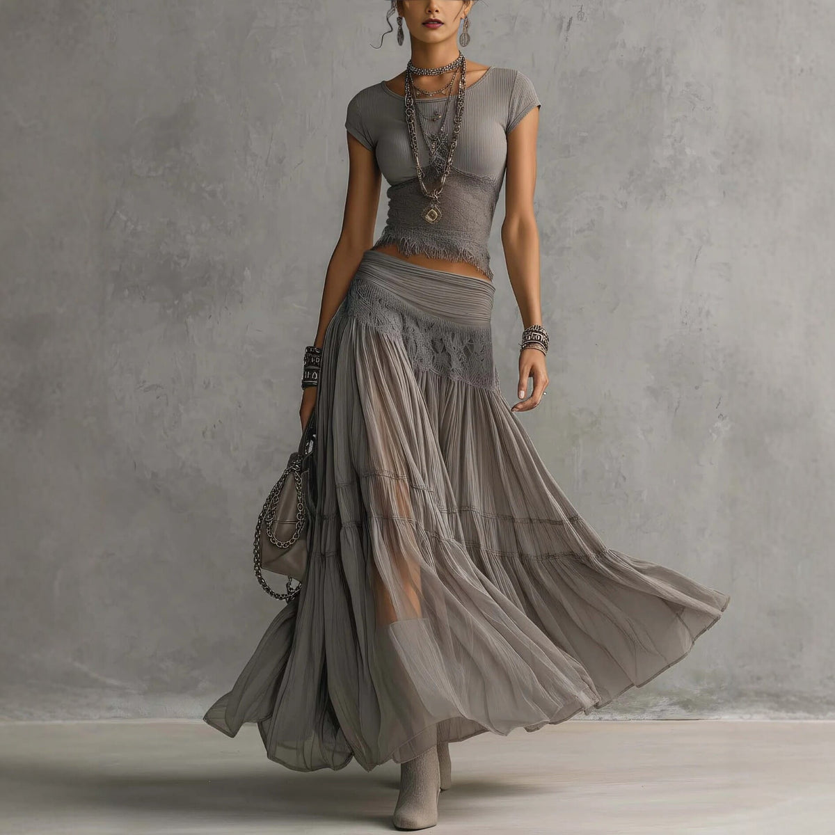 Boho Lace-Trim Knit Crop Top & Tiered Chiffon Maxi Skirt Two-Piece Set