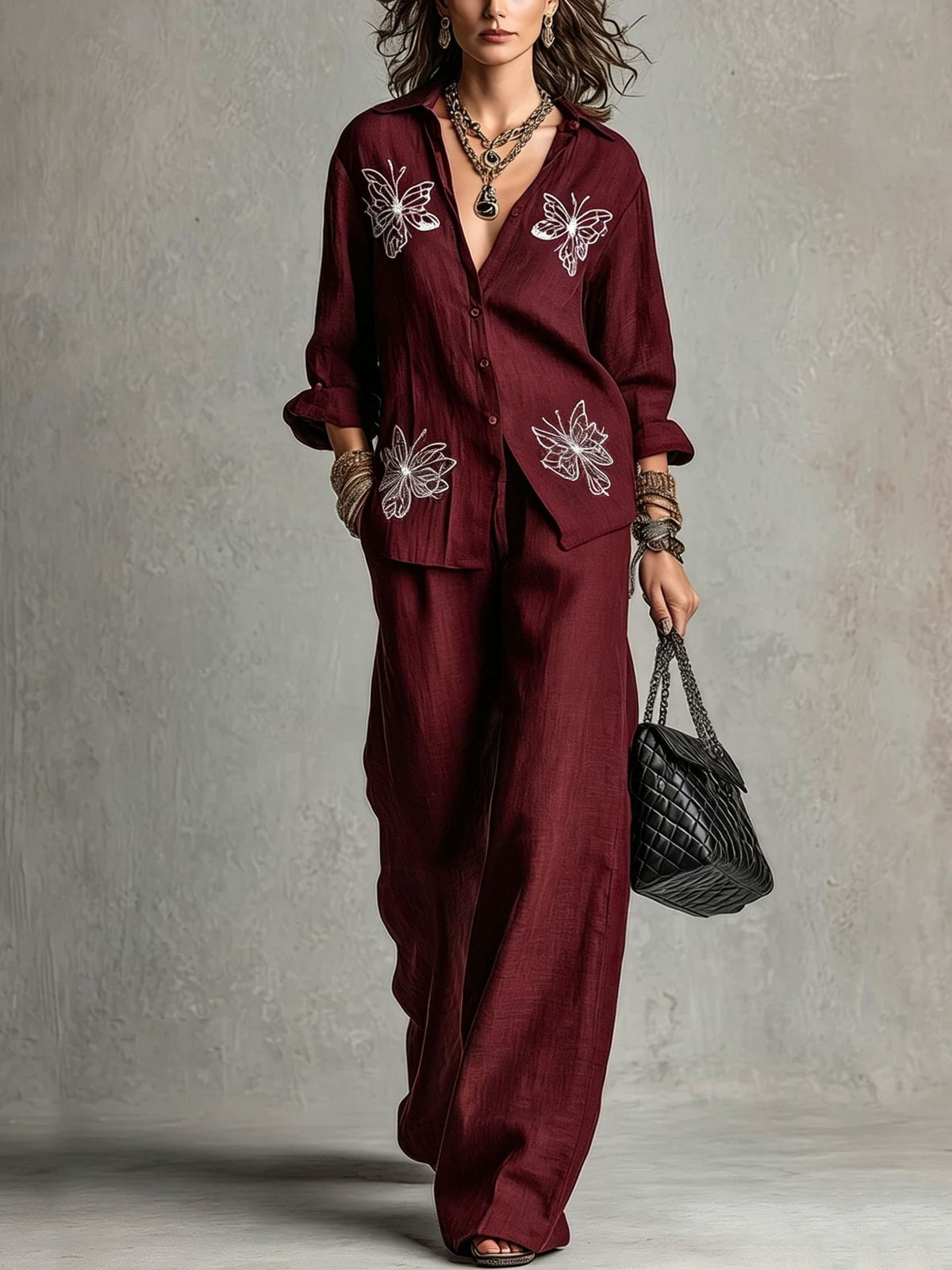 Vintage Butterfly Embroidered Linen Shirt & Wide-Leg Pants Two-Piece Set