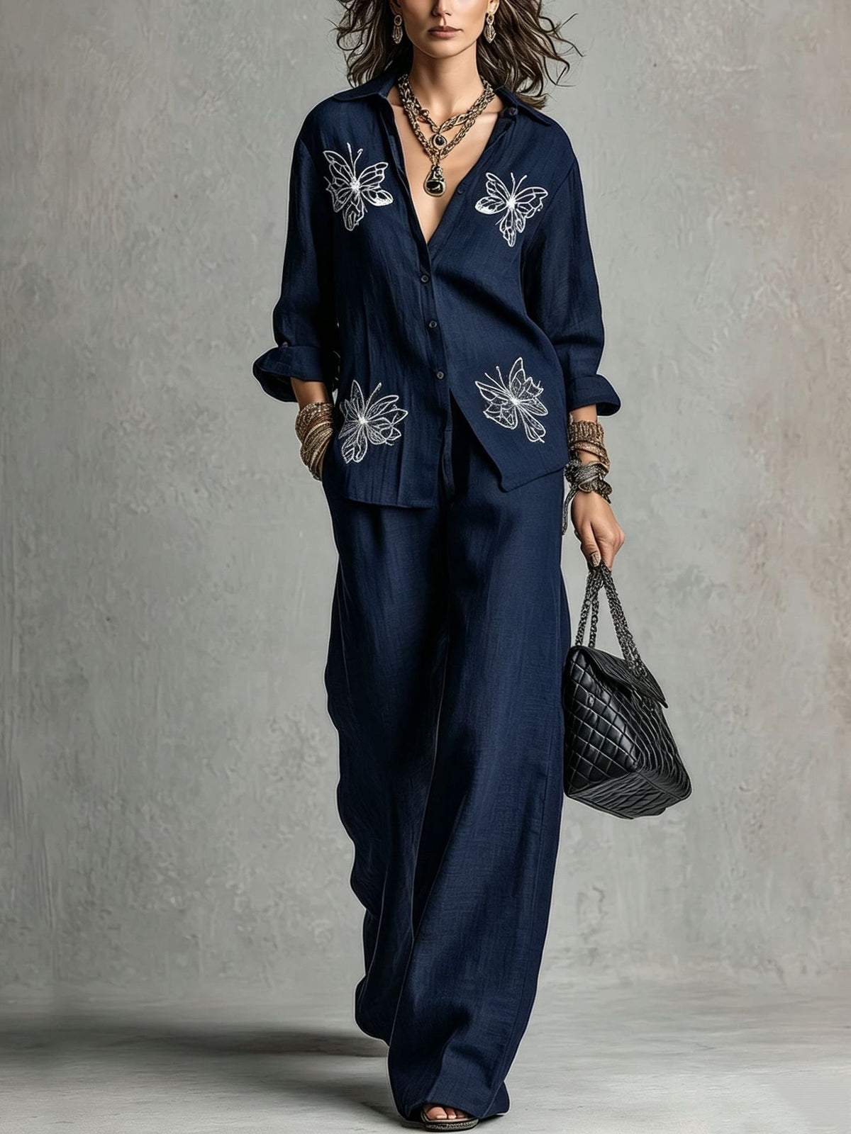 Vintage Butterfly Embroidered Linen Shirt & Wide-Leg Pants Two-Piece Set