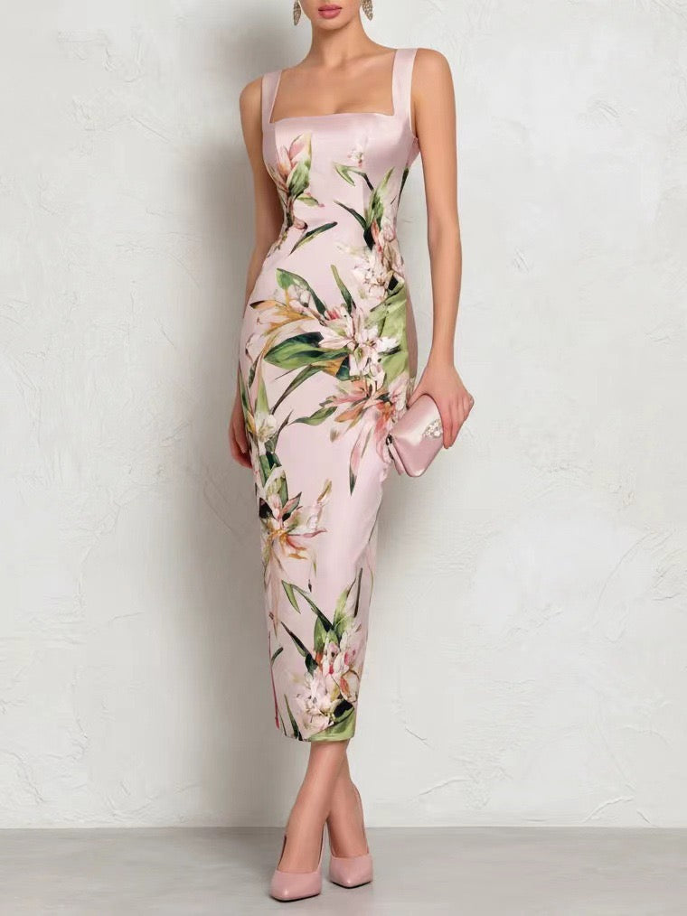 Elegant Square Neck Sleeveless Floral Print Bodycon Midi Dress