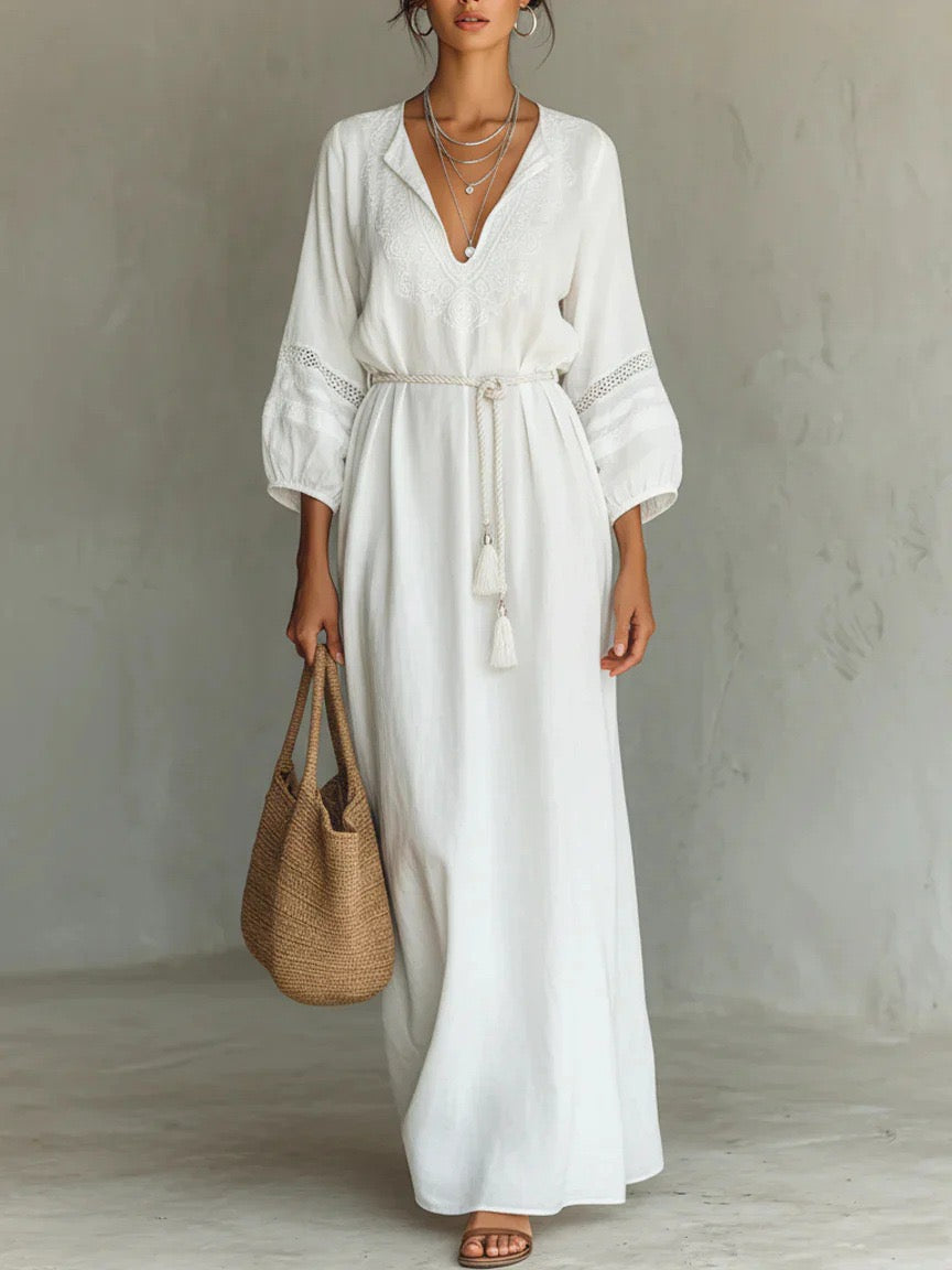 Boho White Cotton Linen Maxi Dress With Embroidery & Tassel Belt