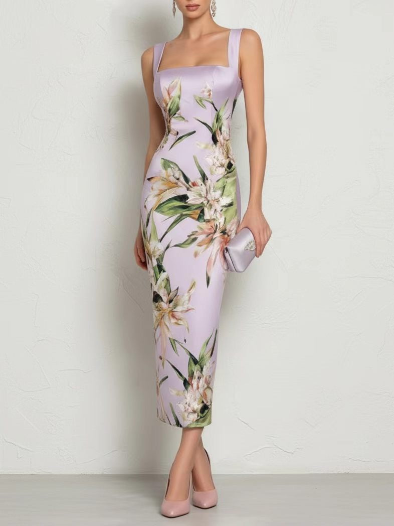 Elegant Square Neck Sleeveless Floral Print Bodycon Midi Dress