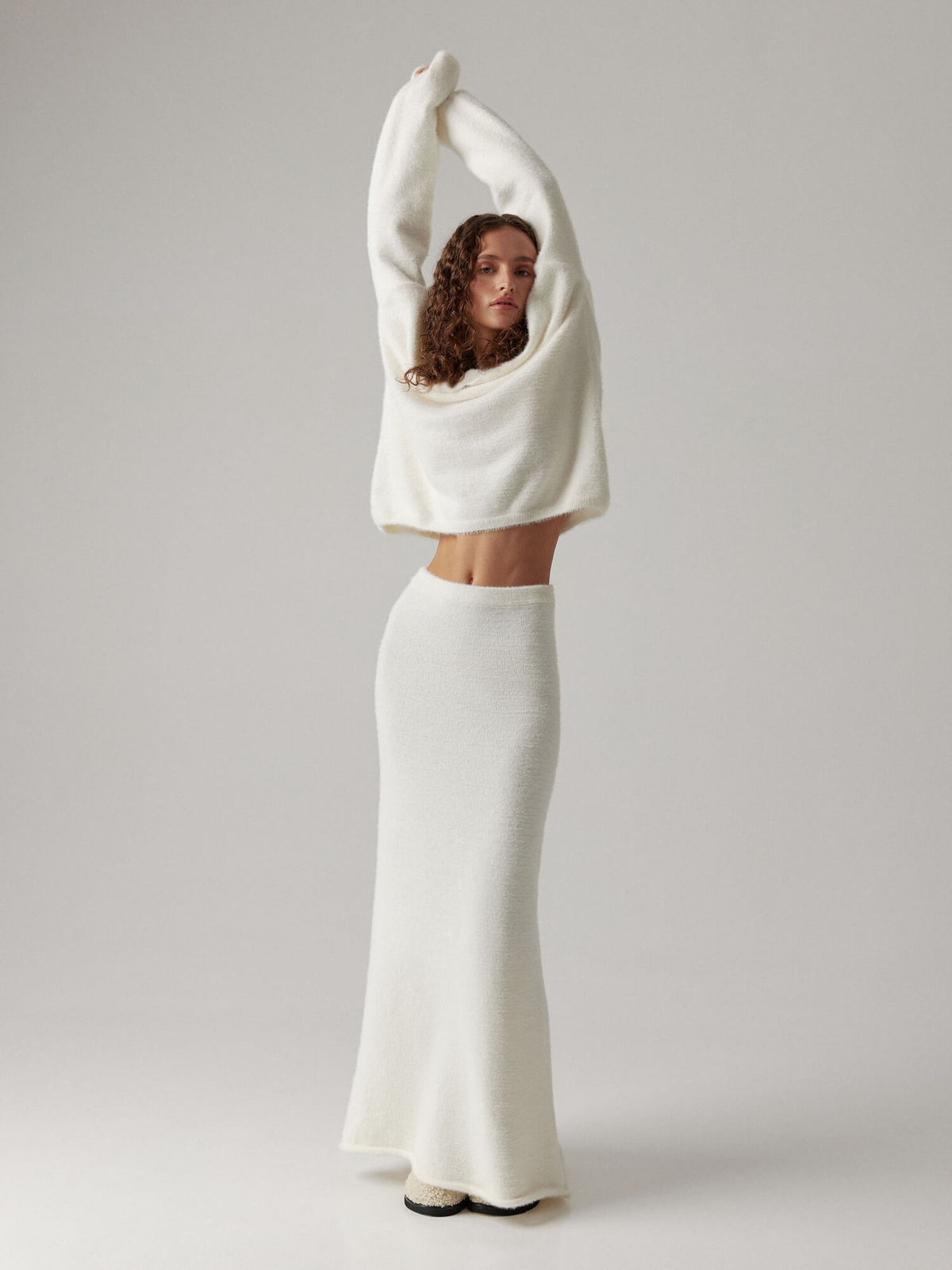 Fuzzy Knit Cropped Sweater & Maxi Skirt 2-Piece Set