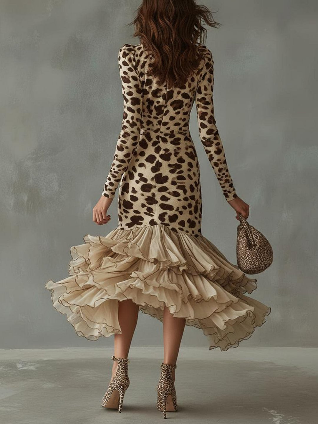 Leopard Print Deep V-Neck Long Sleeve Ruffle High-Low Maxi Dress