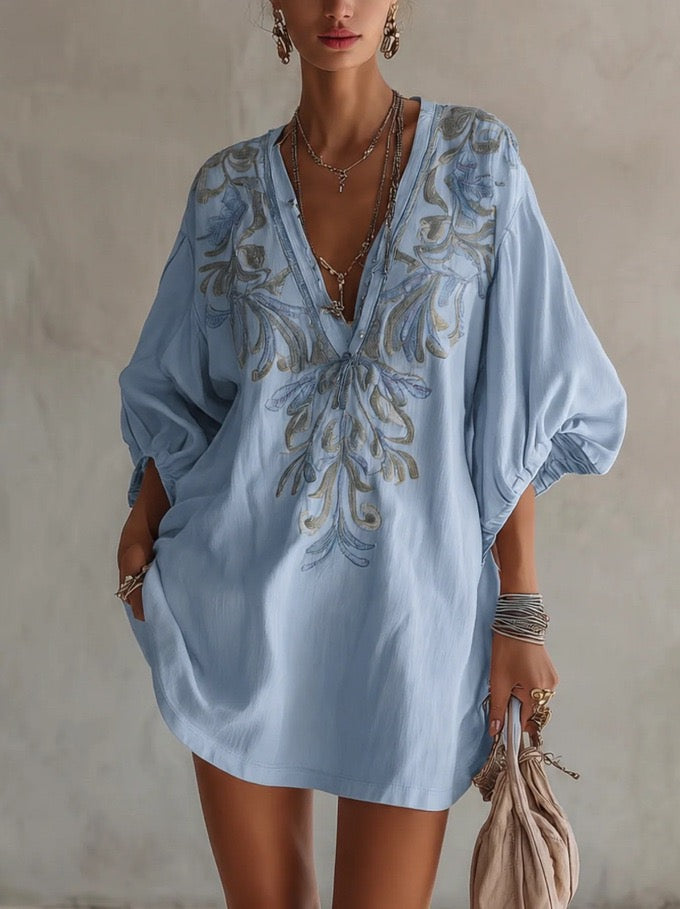 Bohemian Deep V-Neck Puff Sleeve Embroidered Mini Dress With Side Pockets
