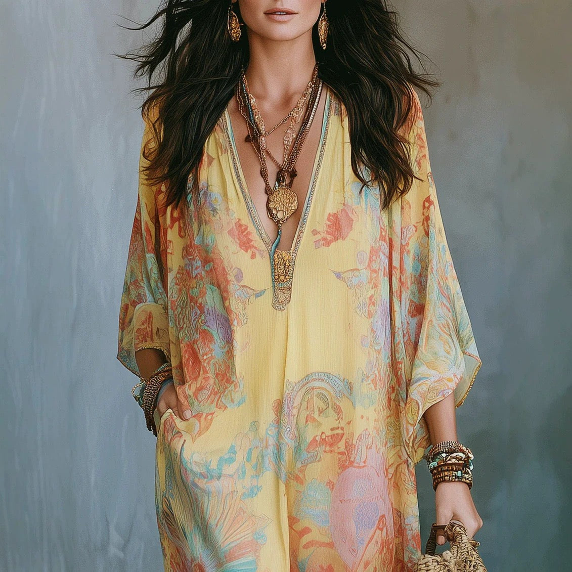 Bohemian Floral Print Chiffon Maxi Dress With Batwing Sleeves