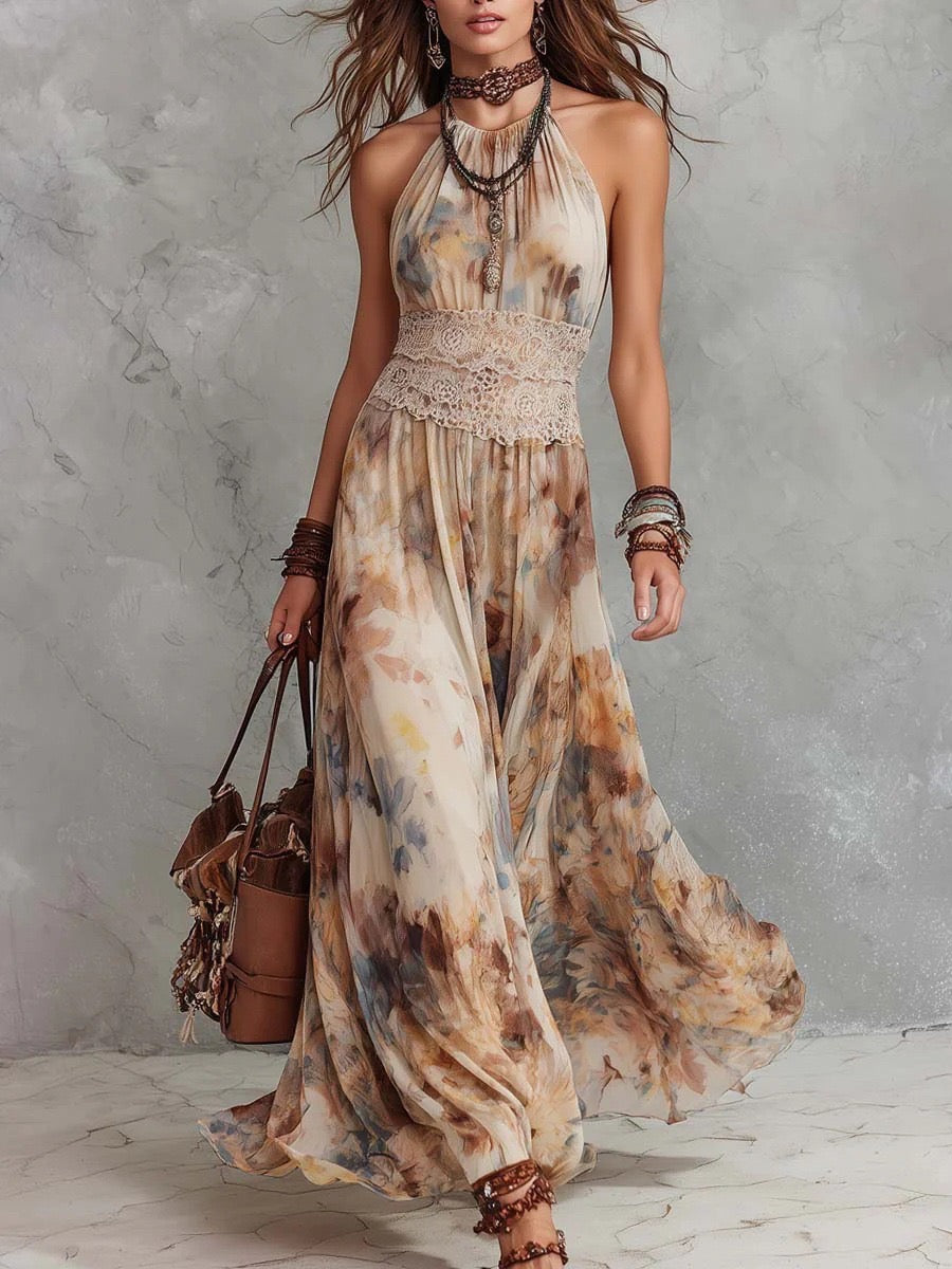 Bohemian Oil Painting Print Halter Maxi Dress With Lace Waistband