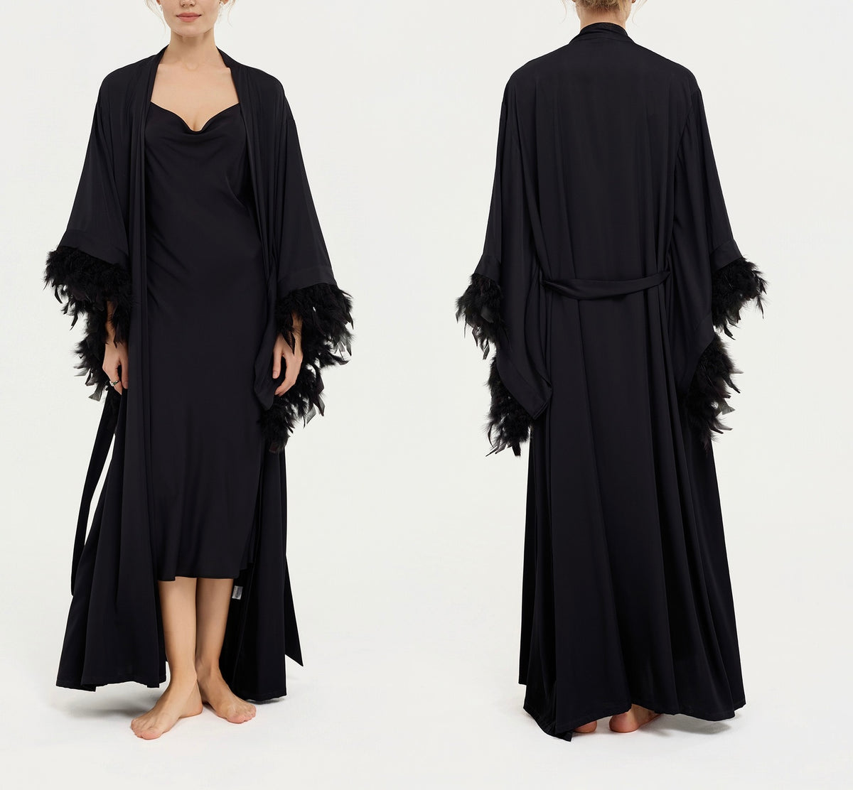 Luxury Satin Feather Sleeve Long Nightgown And Slip Skirt Set