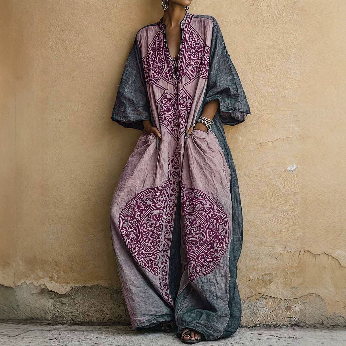 Bohemian Print Loose-Fit Jumpsuit With Wide-Leg & V-Neck