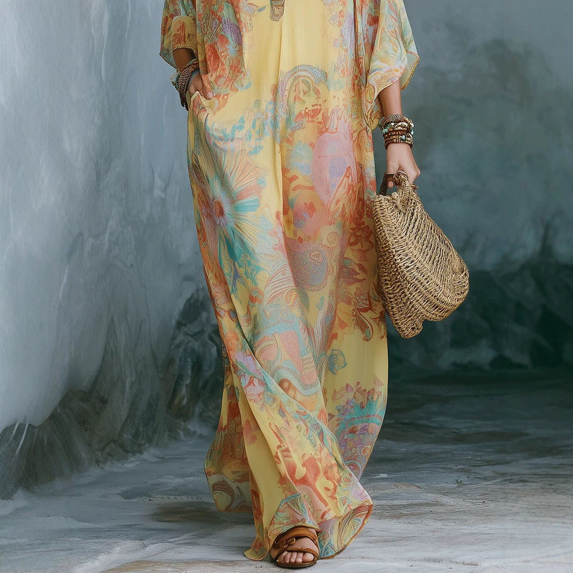 Bohemian Floral Print Chiffon Maxi Dress With Batwing Sleeves