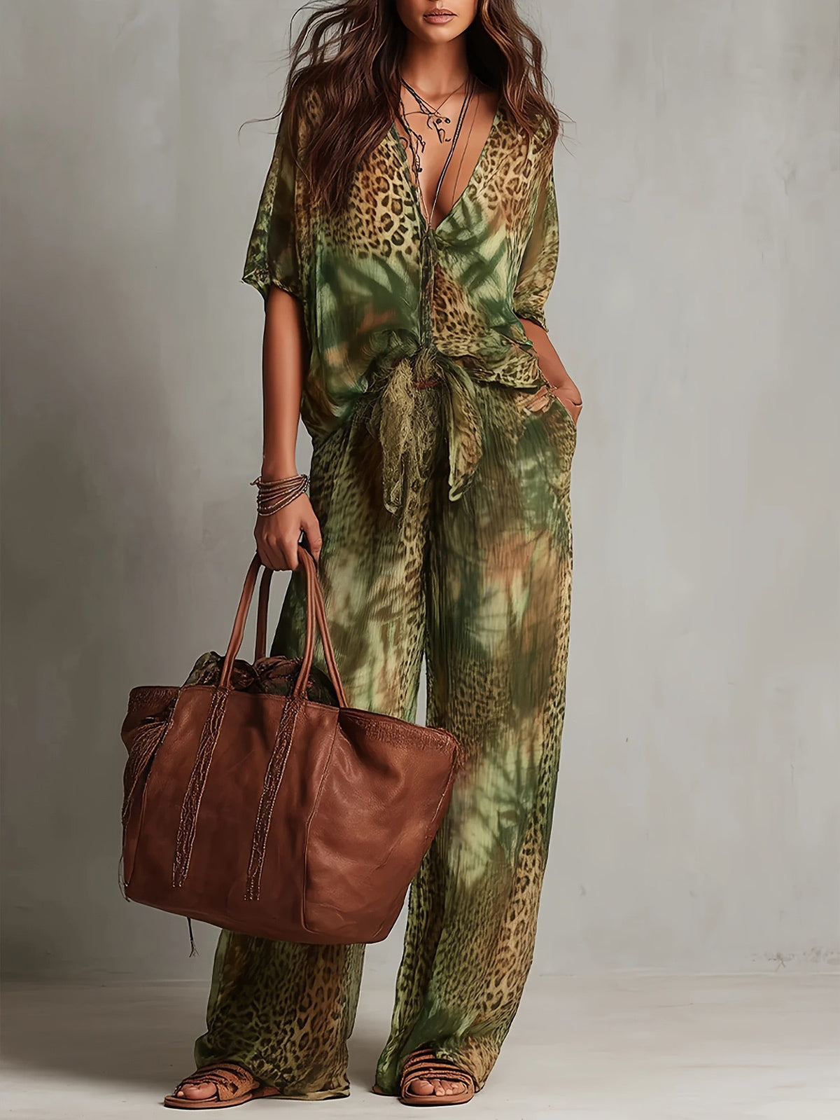 Bohemian Print V-Neck Top & Wide Leg Pants Two-Piece Set