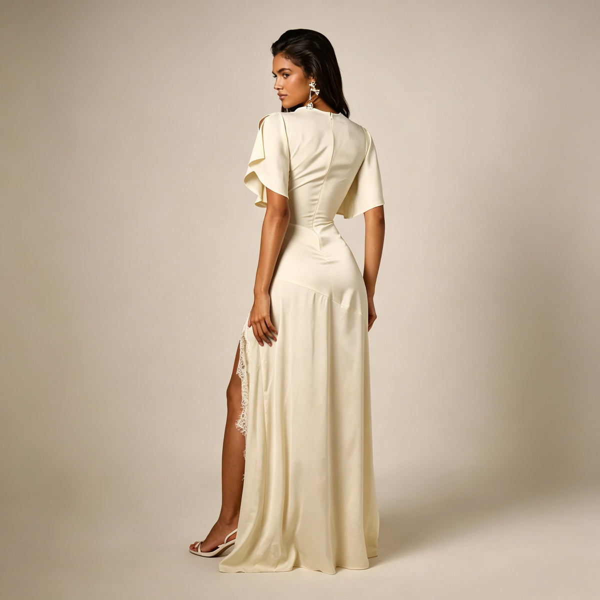 Cream Satin Ruffle Sleeve High Slit Lace Trim Maxi Dress