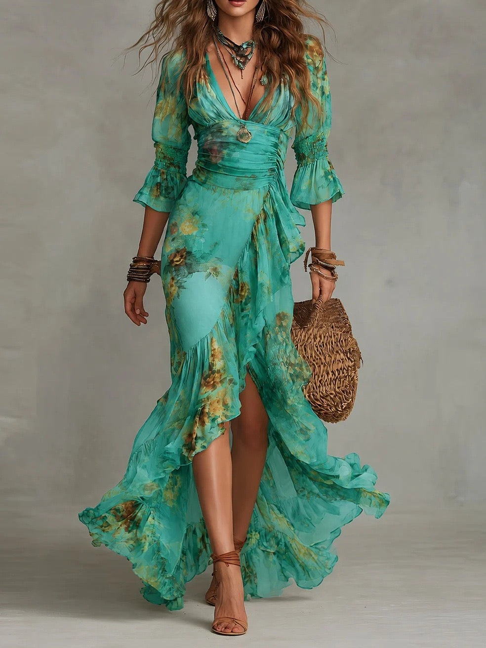 Bohemian Floral Print V-Neck Ruched Waist Asymmetric Maxi Dress