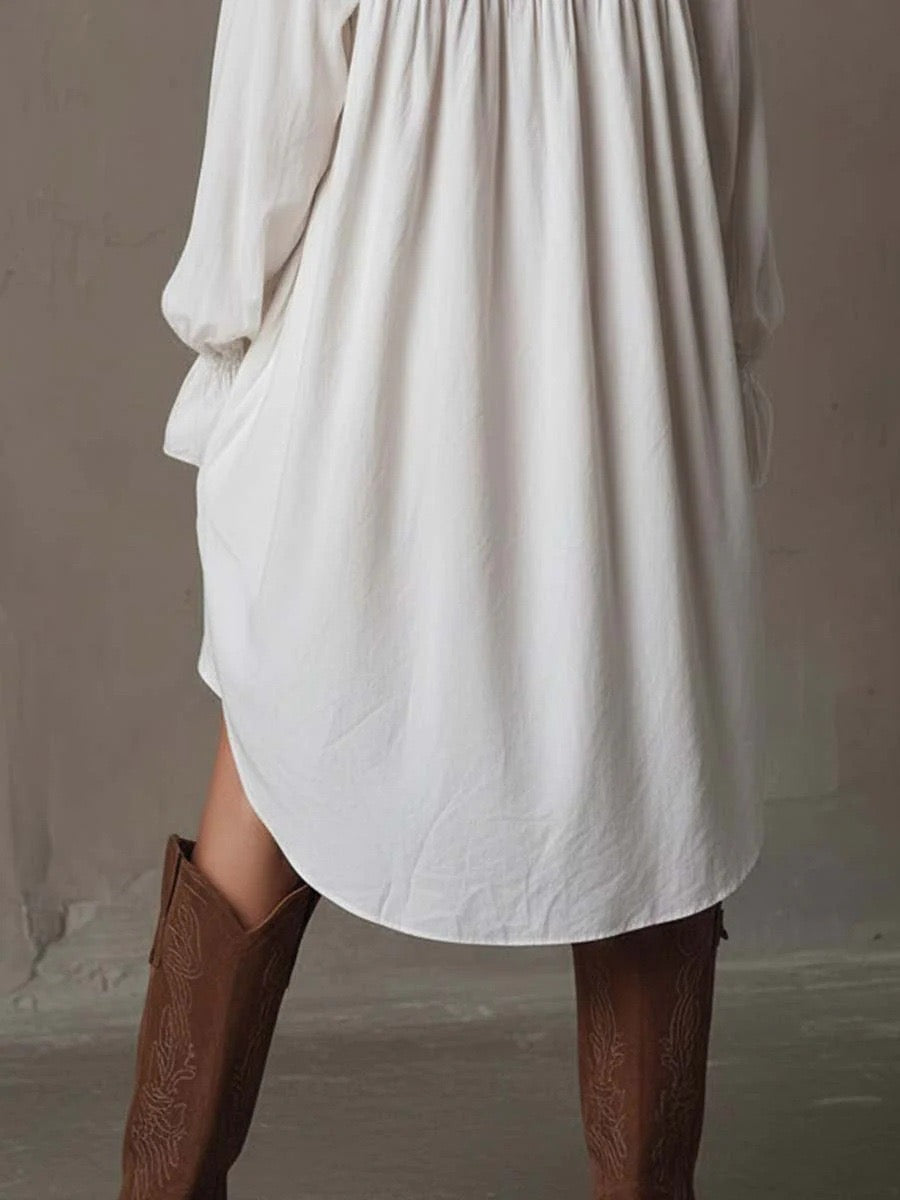 Bohemian White Lace Insert Long Sleeve Button-Down Shirt Dress