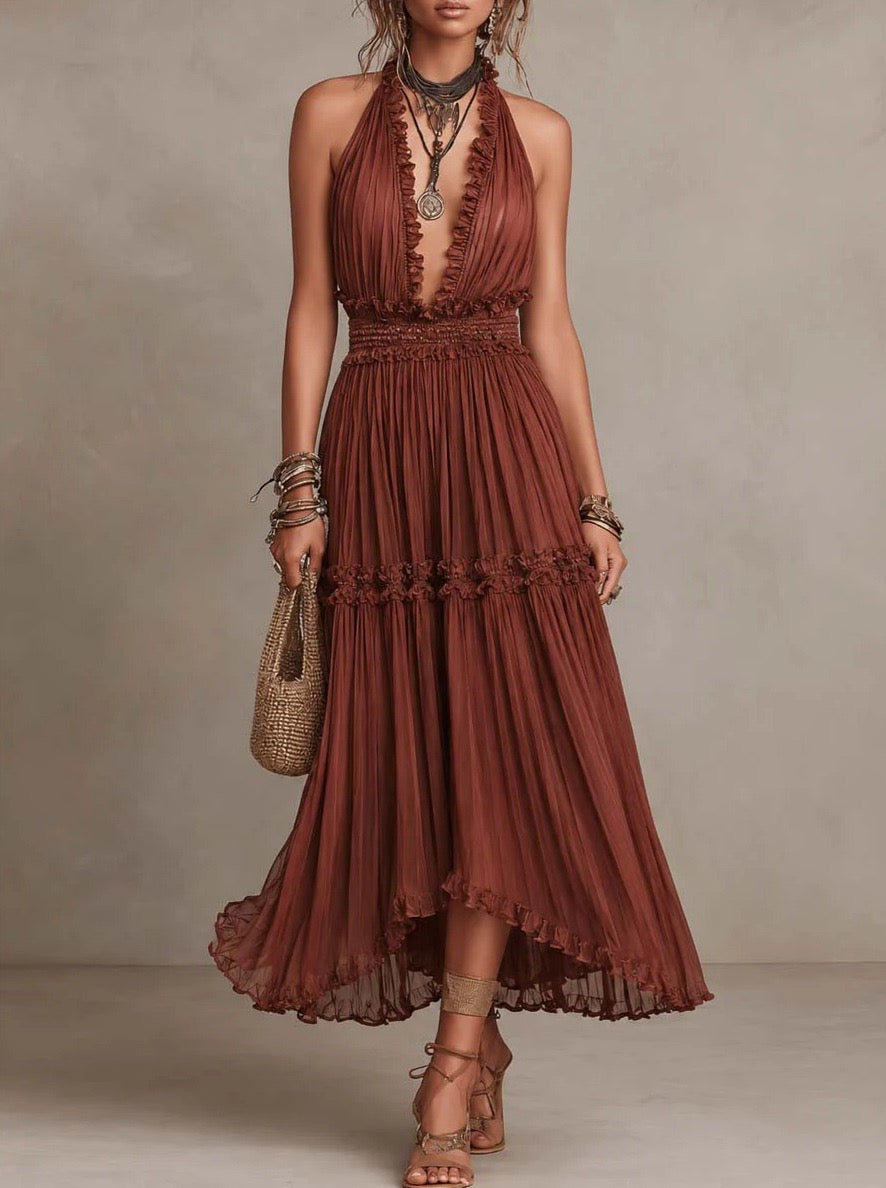 Boho Rust Red Halter Neck Ruffle Trim Tiered Maxi Dress