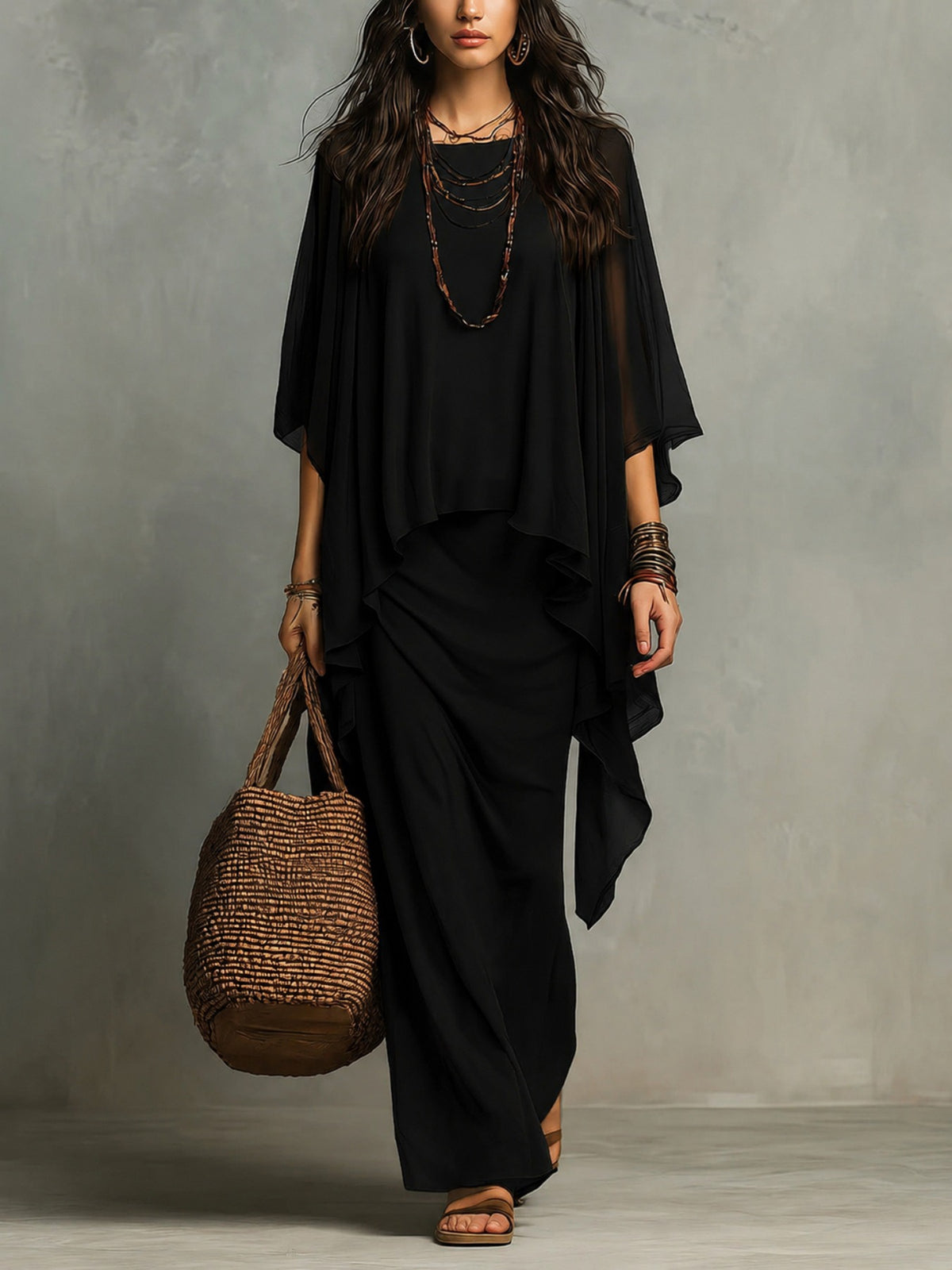 Elegant Chiffon Cape Two-Piece Maxi Dress Set