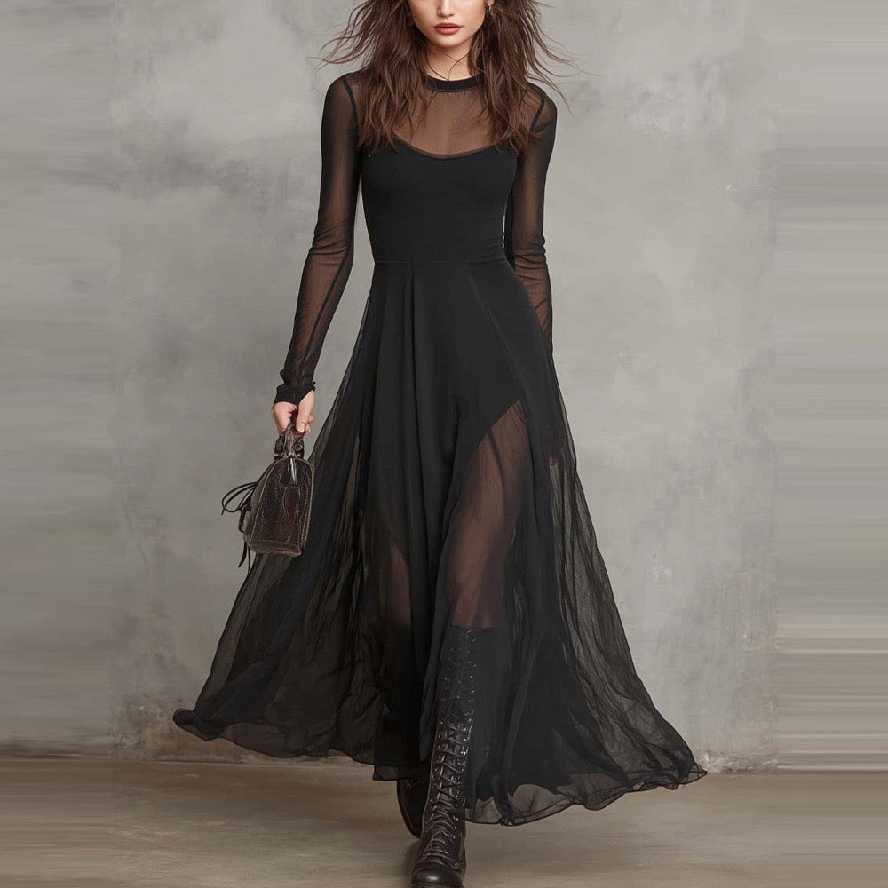 Black Sheer Long Sleeve Mesh Overlay High-Waist A-Line Maxi Dress