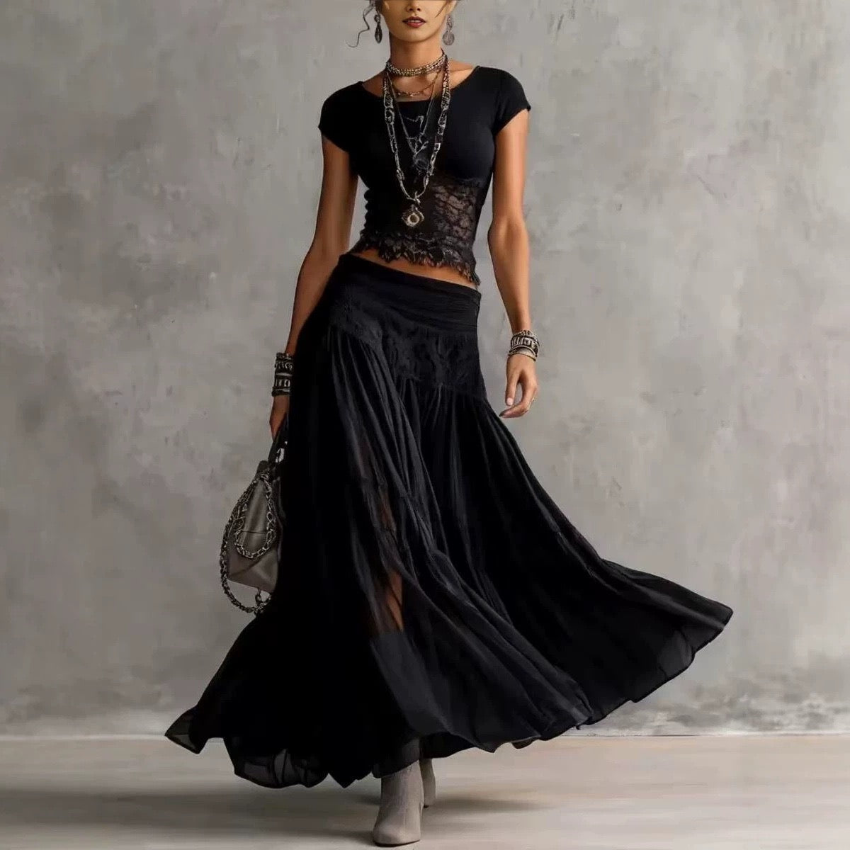 Boho Lace-Trim Knit Crop Top & Tiered Chiffon Maxi Skirt Two-Piece Set