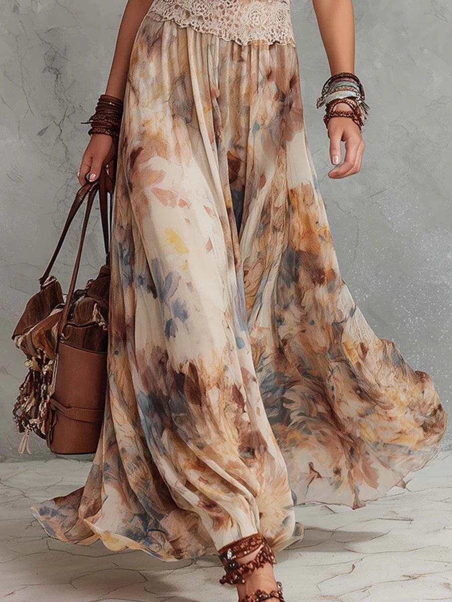 Bohemian Oil Painting Print Halter Maxi Dress With Lace Waistband