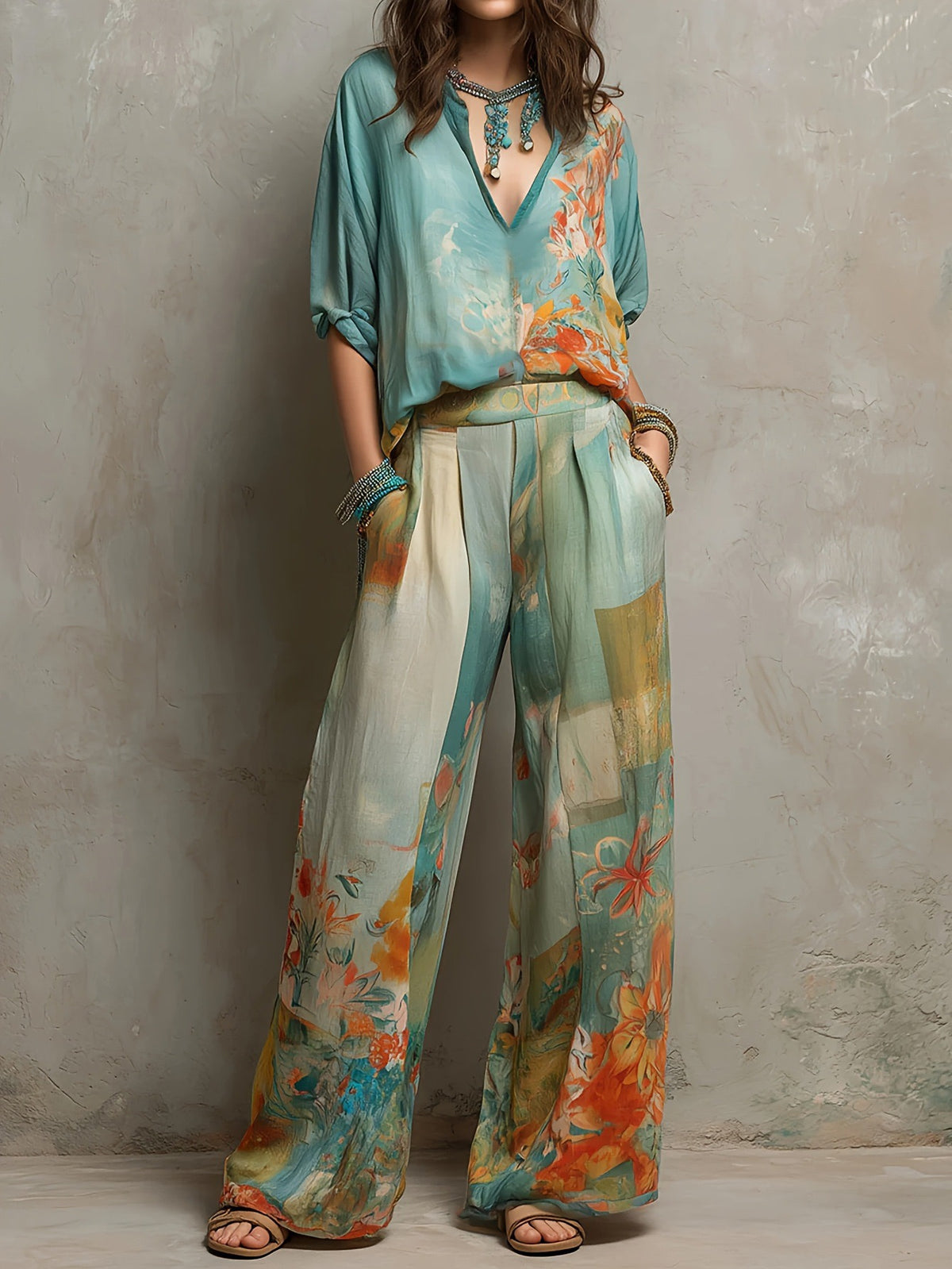 Watercolor Floral V-Neck Blouse & High-Waist Wide-Leg Pants Set