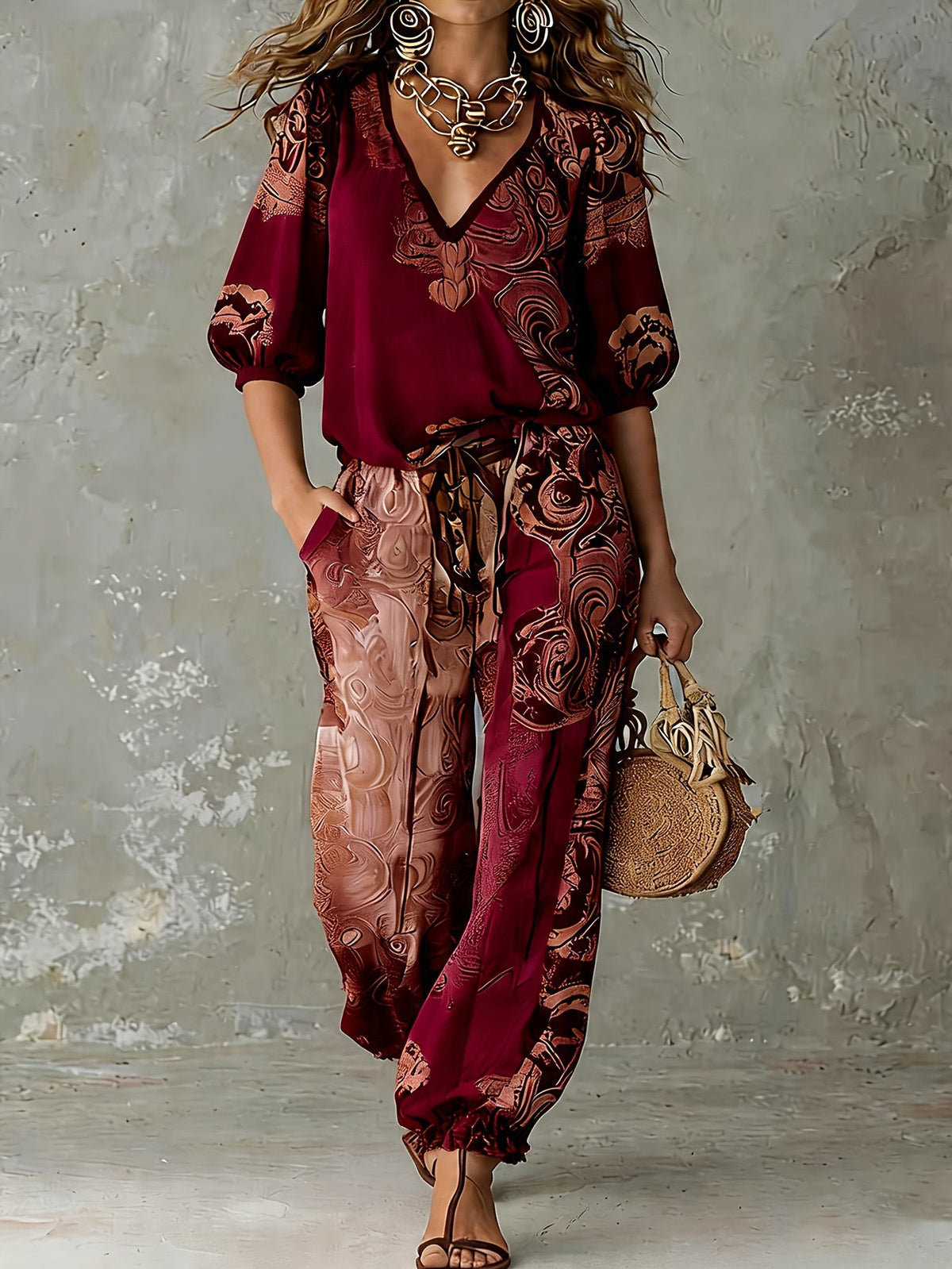 Bohemian Print V-Neck Top & Wide Leg Pants Two-Piece Set