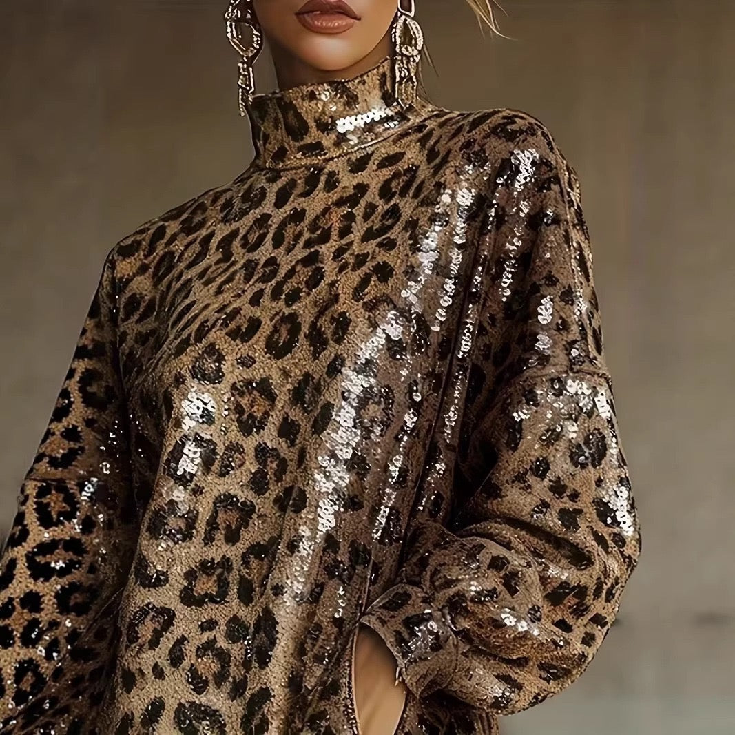 Metallic Bronze Leopard Sequin High Neck Tassel Mini Dress
