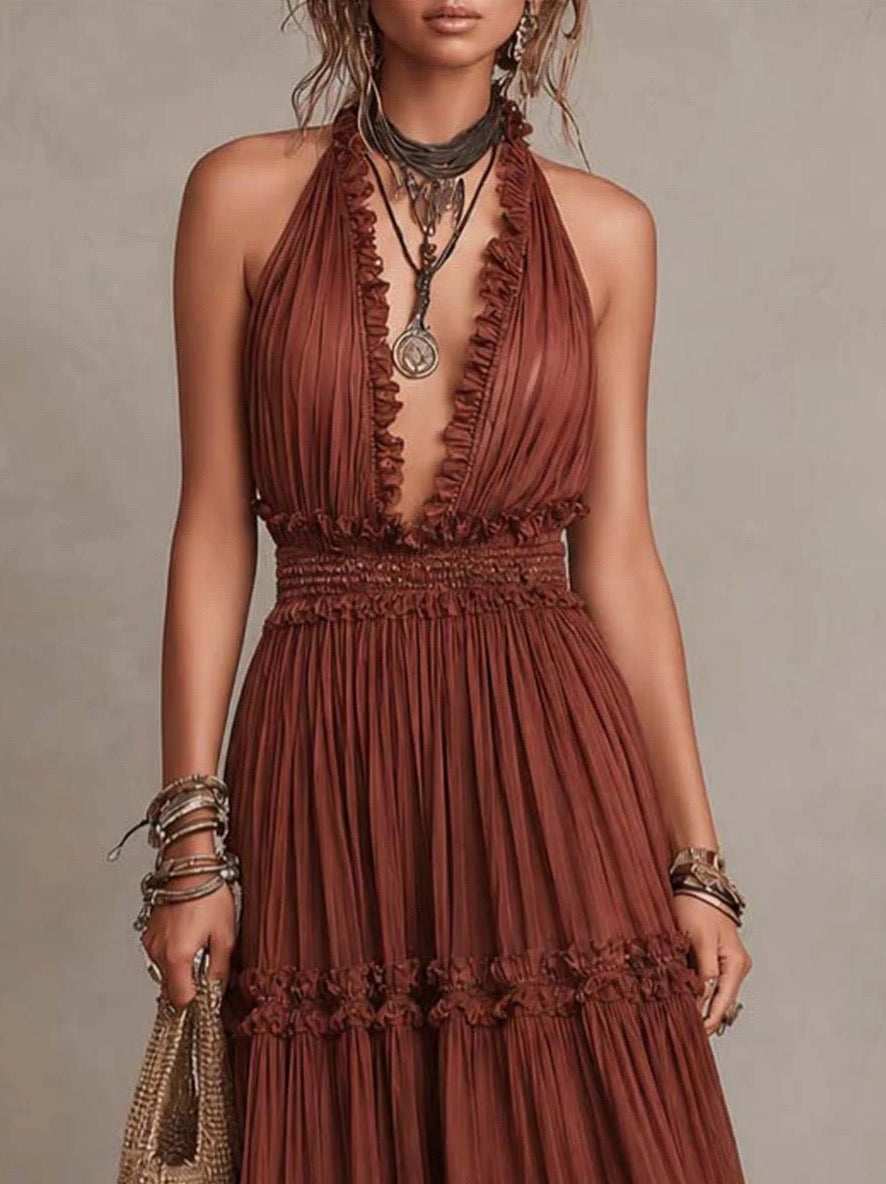 Boho Rust Red Halter Neck Ruffle Trim Tiered Maxi Dress