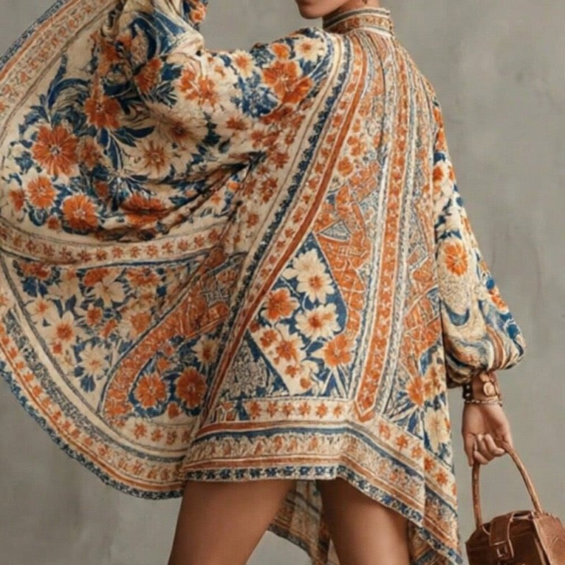 Bohemian Retro Print High-Neck Poncho Dress With Bell Sleeves & Asymmetrical Hem