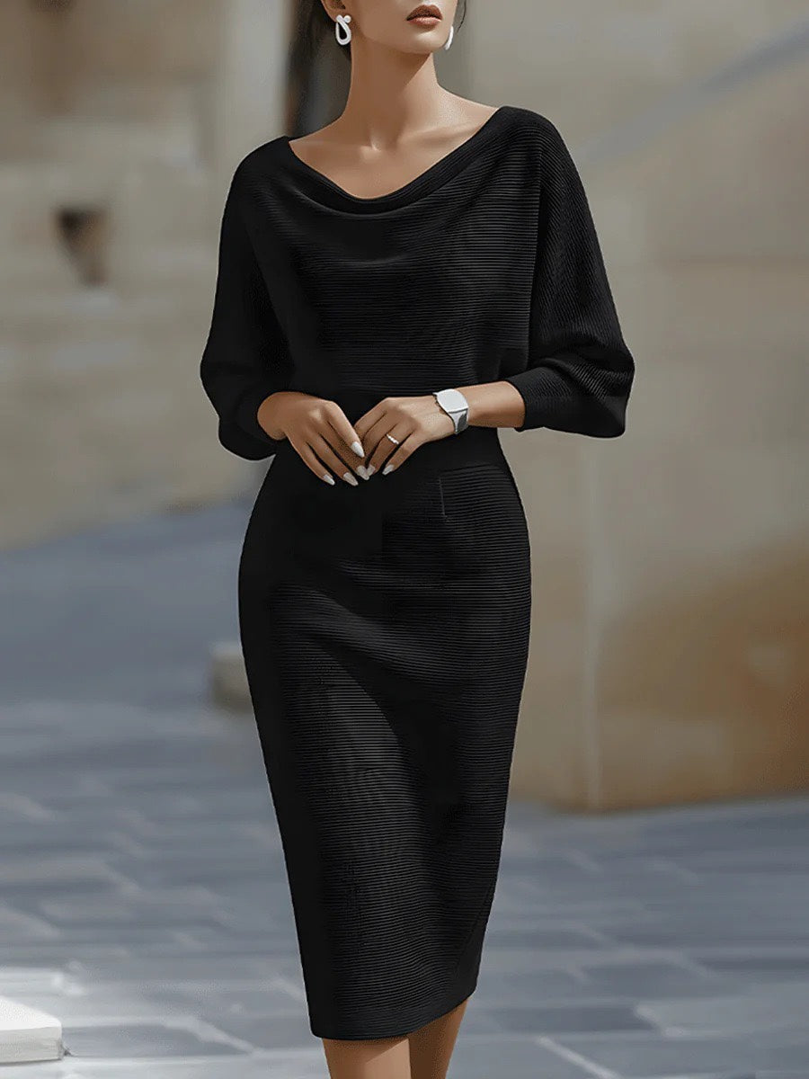 Elegant Cowl Neck Batwing Sleeve Ribbed Knit Midi Dress