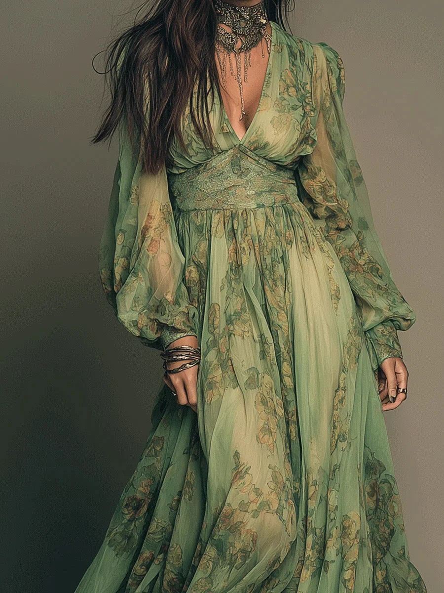 Green Floral Print Chiffon Maxi Dress With Deep V-Neck And Lantern Sleeves