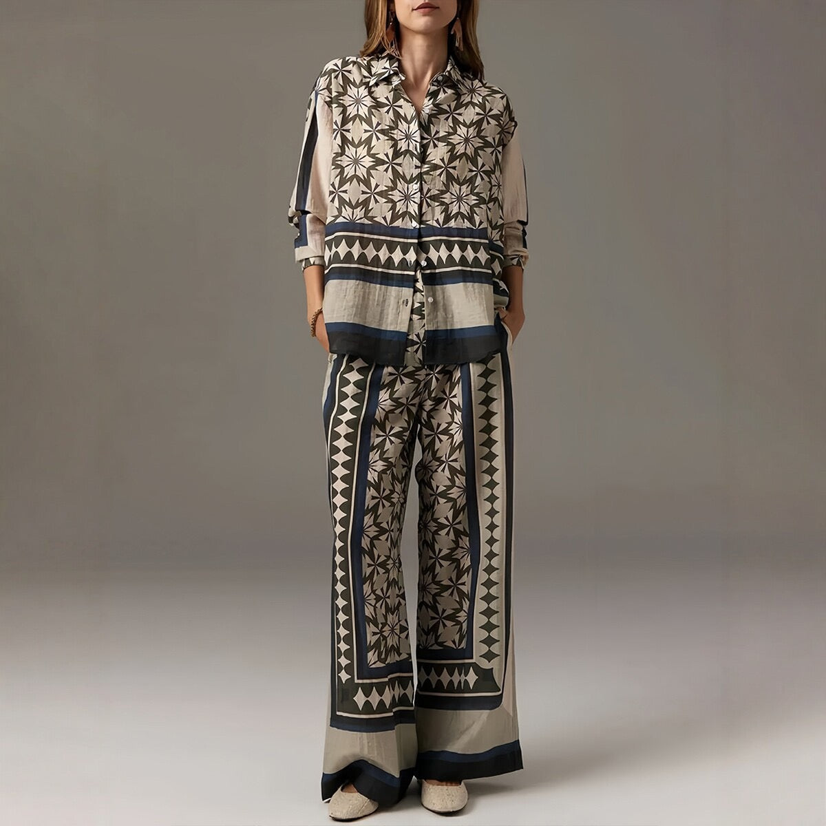 Geometric Print Relaxed Shirt & Wide-Leg Pants Two-Piece Set