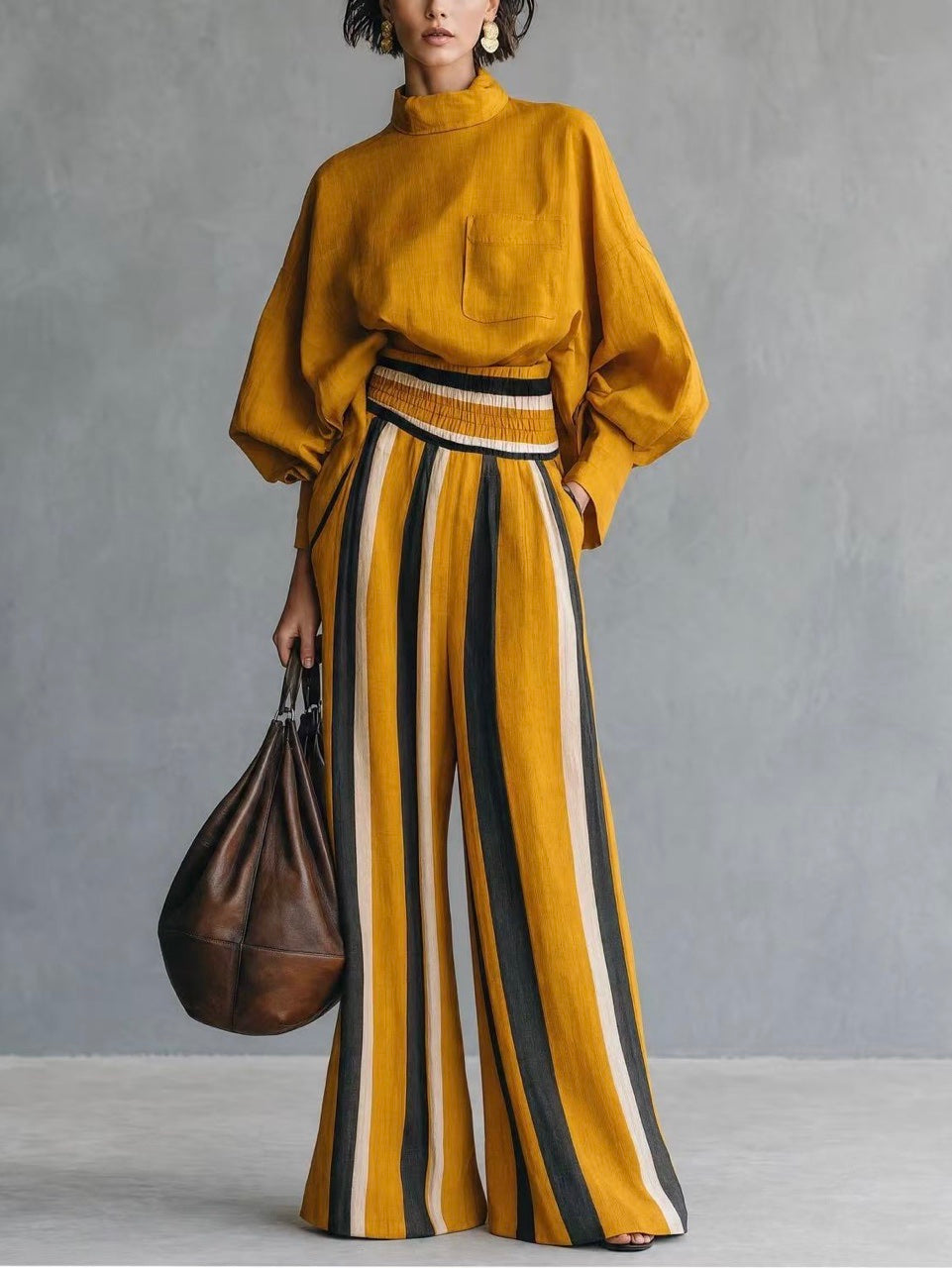 Vintage Striped High-Waisted Wide-Leg Pants Two-Piece Set