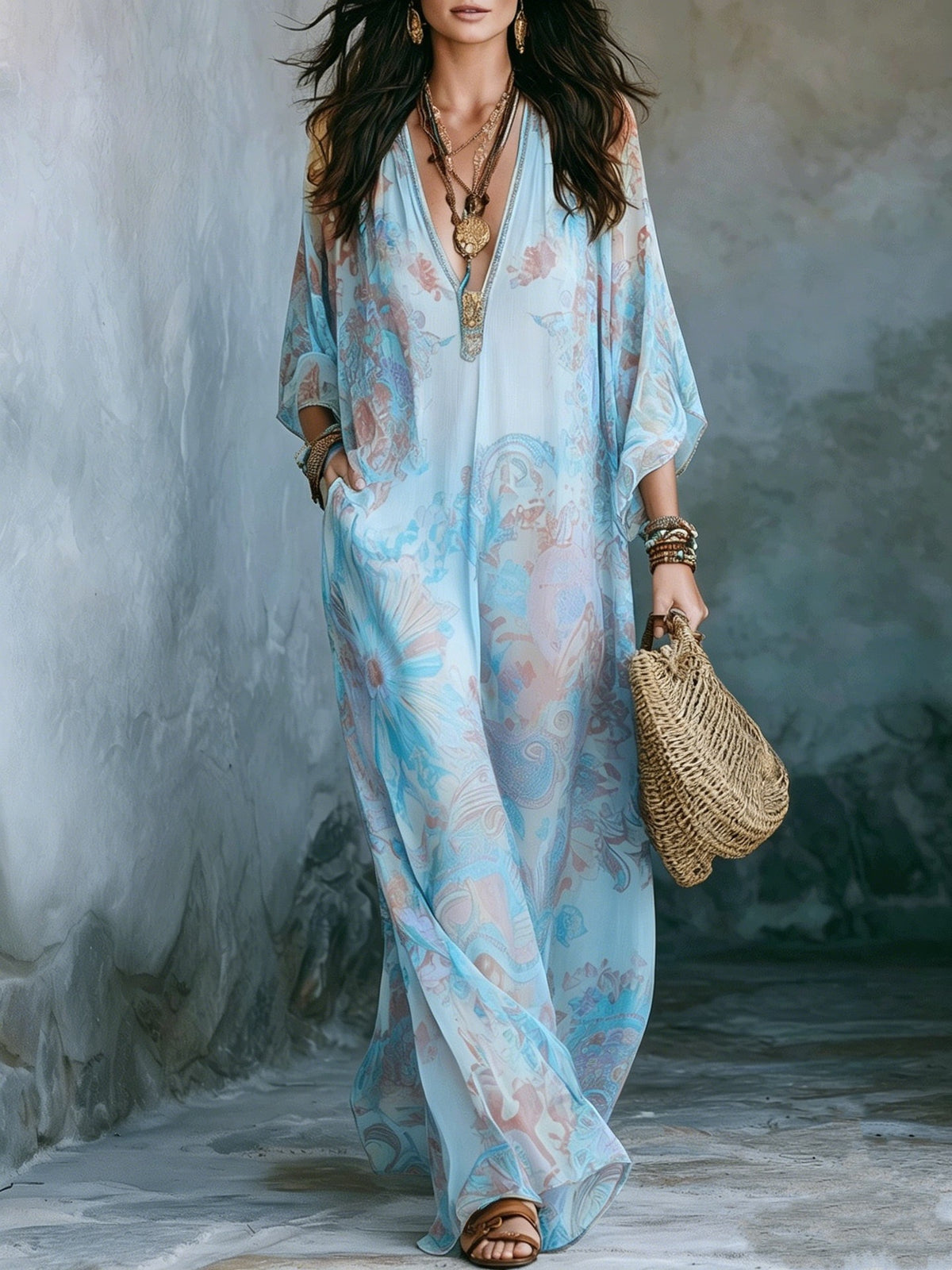 Bohemian Floral Print Chiffon Maxi Dress With Batwing Sleeves