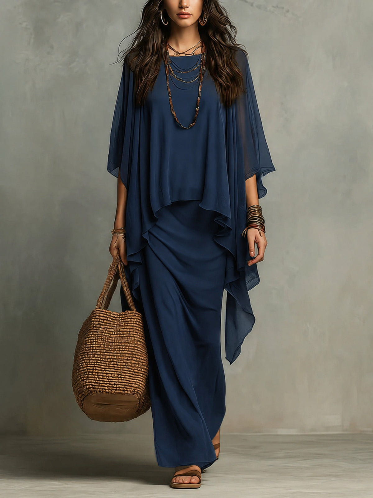 Elegant Chiffon Cape Two-Piece Maxi Dress Set